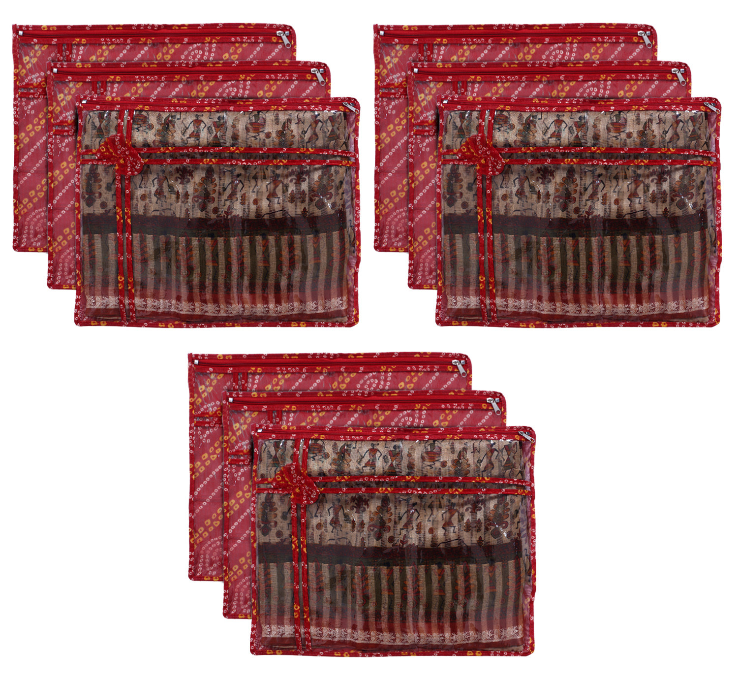 Kuber Industries Bandhani Print PVC Foldable Single Saree Cover|Clothes Storage For Saree, Lehenga, Suit With Transparent (Red)