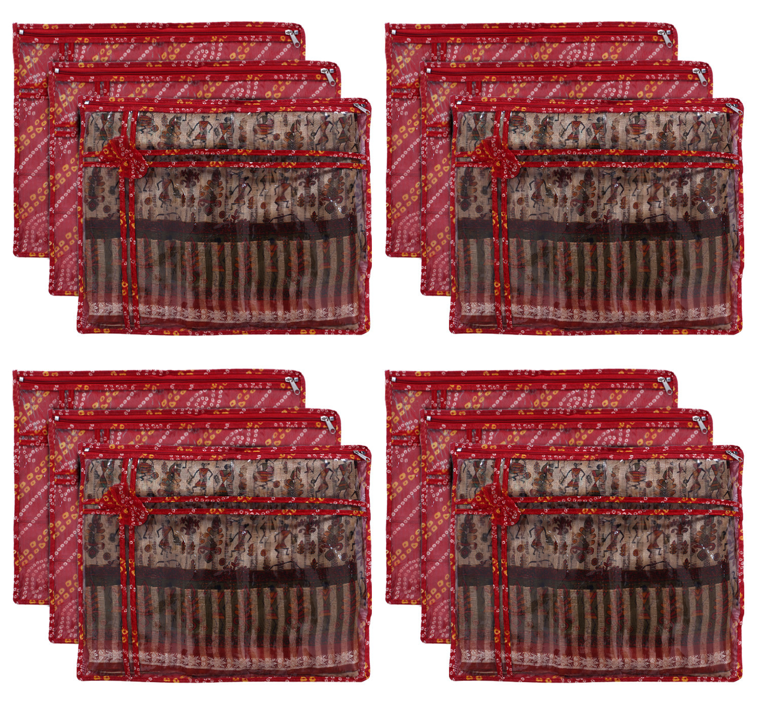 Kuber Industries Bandhani Print PVC Foldable Single Saree Cover|Clothes Storage For Saree, Lehenga, Suit With Transparent (Red)