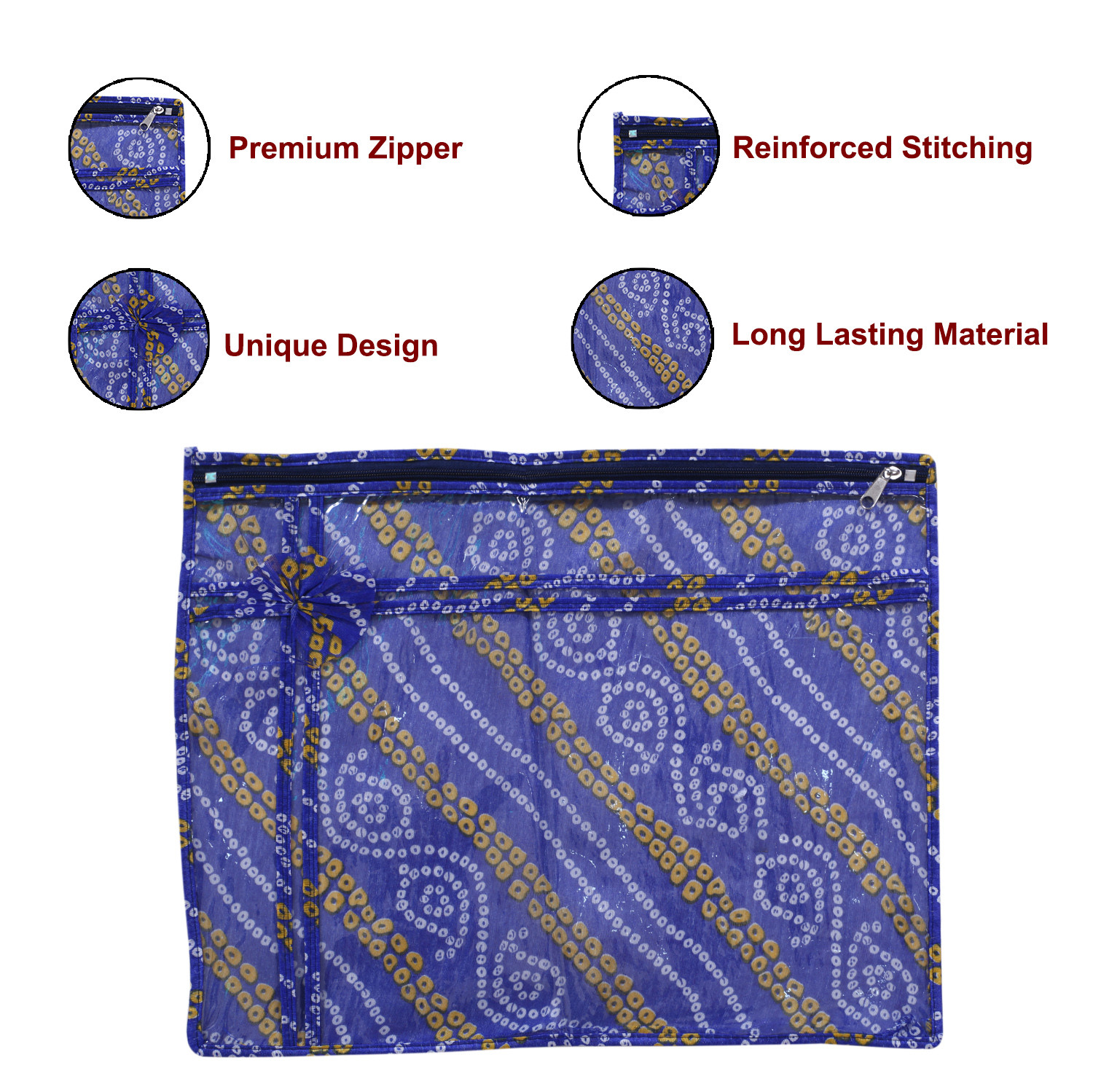 Kuber Industries Bandhani Print PVC Foldable Single Saree Cover|Clothes Storage For Saree, Lehenga, Suit With Transparent Pack of 6 (Blue & Red)