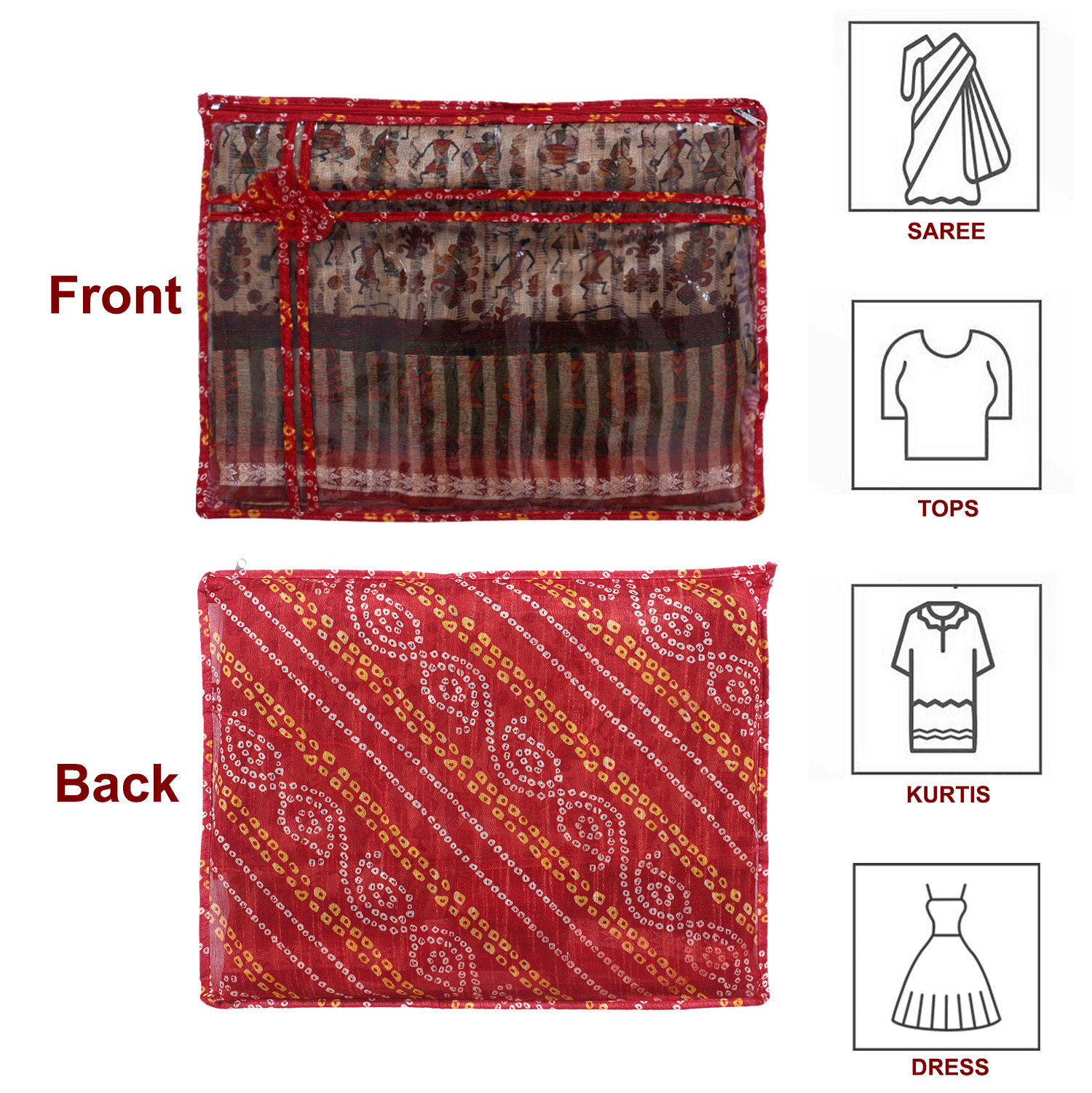 Kuber Industries Bandhani Print PVC Foldable Single Saree Cover|Clothes Storage For Saree, Lehenga, Suit With Transparent Pack of 6 (Blue & Red)
