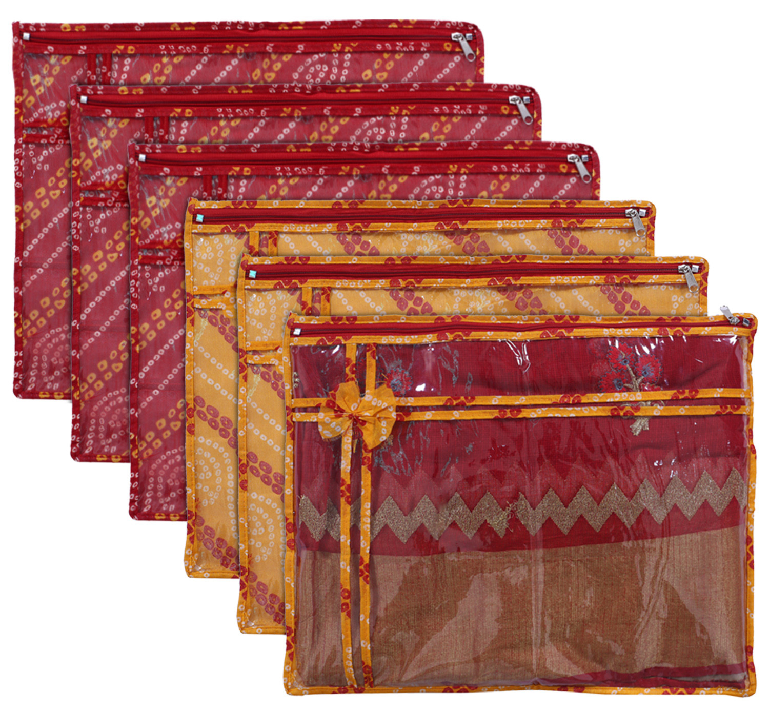 Kuber Industries Bandhani Print PVC Foldable Single Saree Cover|Clothes Storage For Saree, Lehenga, Suit With Transparent Pack of 6 (Red & Yellow)