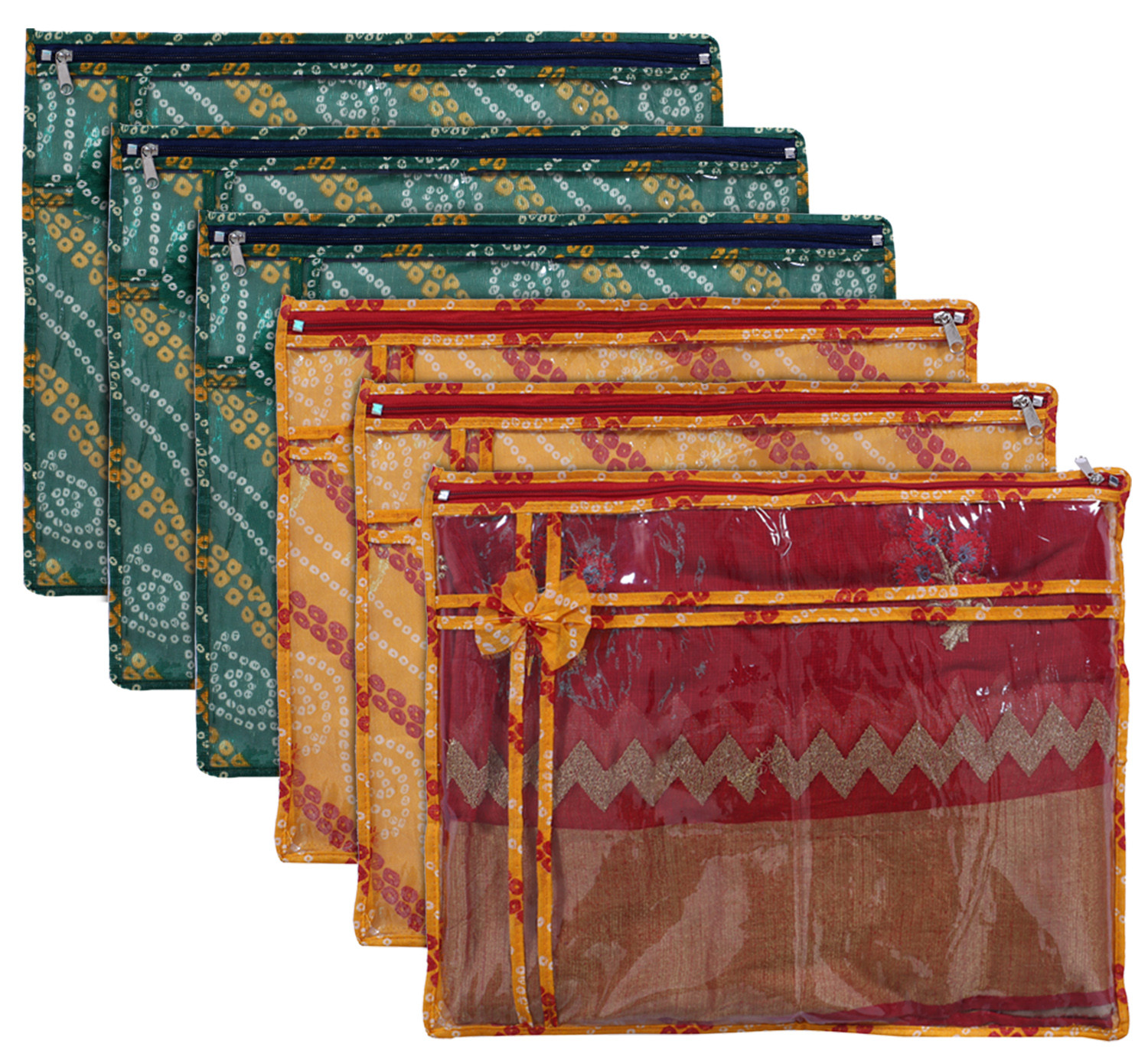 Kuber Industries Bandhani Print PVC Foldable Single Saree Cover|Clothes Storage For Saree, Lehenga, Suit With Transparent Pack of 6 (Yellow & Green)