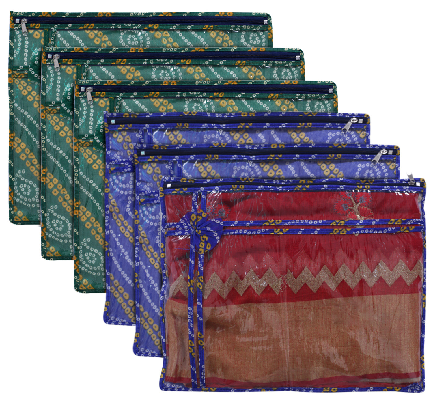 Kuber Industries Bandhani Print PVC Foldable Single Saree Cover|Clothes Storage For Saree, Lehenga, Suit With Transparent Pack of 6 (Green & Blue)