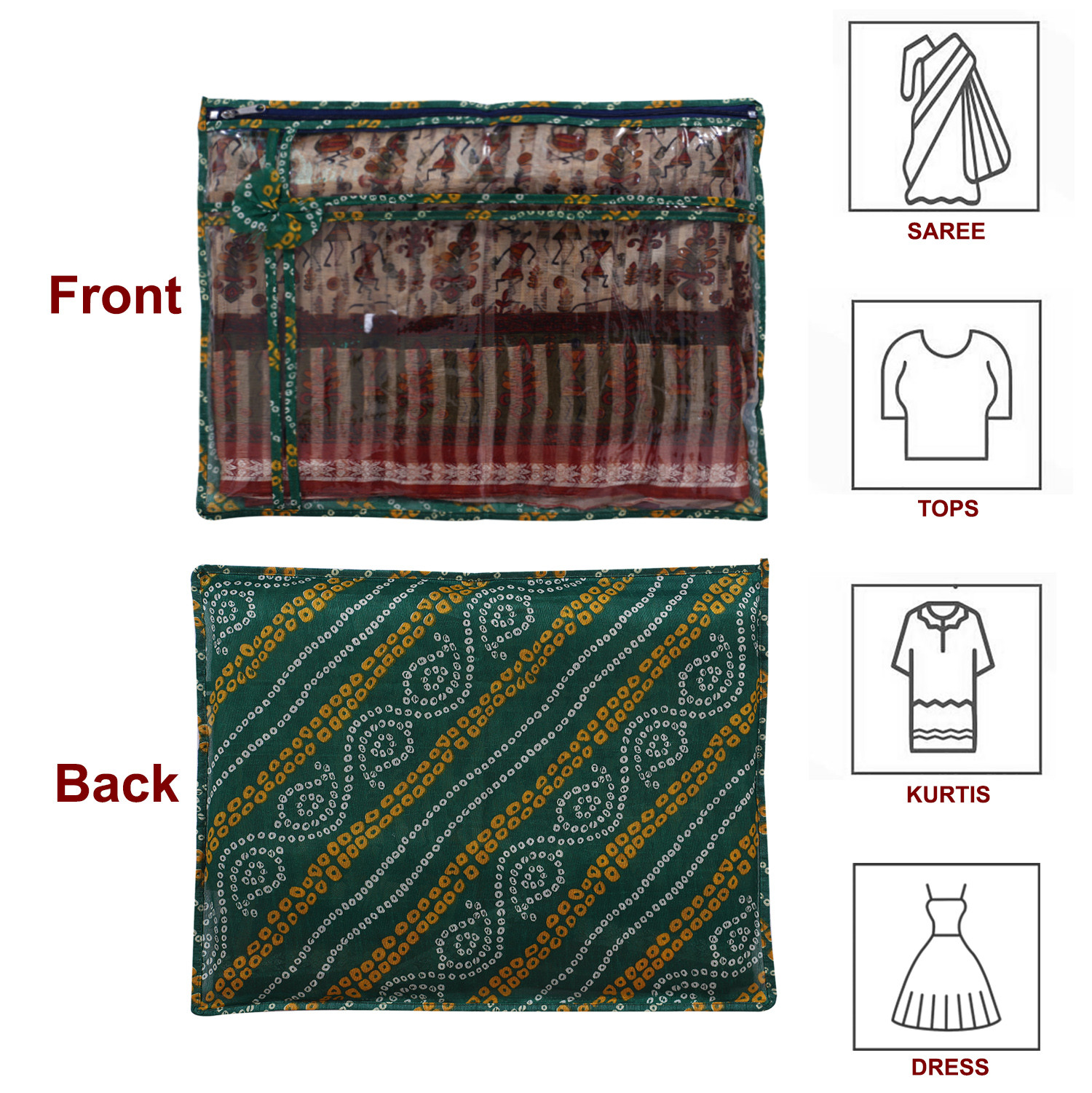 Kuber Industries Bandhani Print PVC Foldable Single Saree Cover|Clothes Storage For Saree, Lehenga, Suit With Transparent Pack of 6 (Green & Blue)
