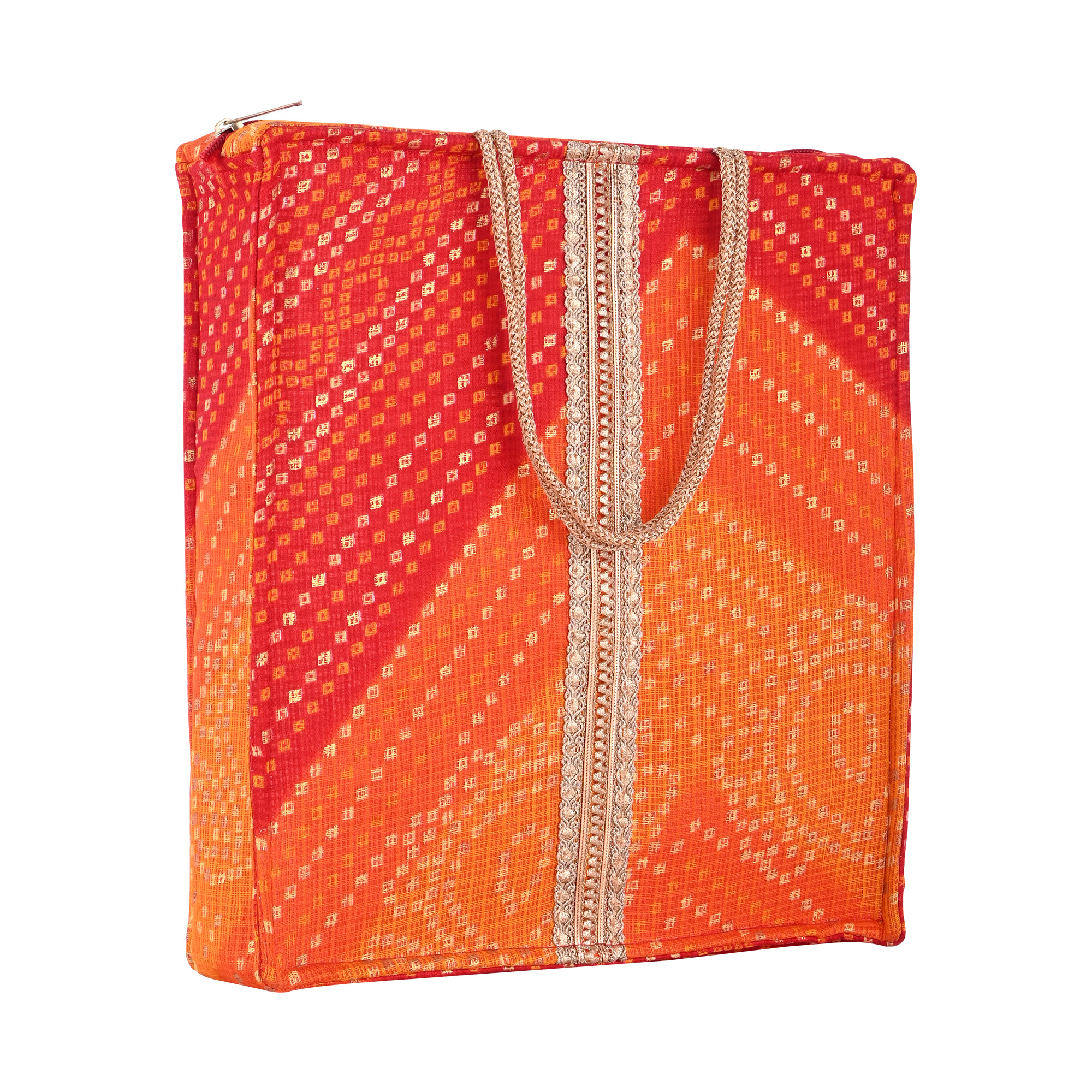 Kuber Industries Bandhej Silk Cloth Bags for Gifting with Zipper Lace and Handle  Bandhni Handbag Housewarming Ceremony Shagun Traditional Bag for Return Gifts  Bandhej Print - Red
