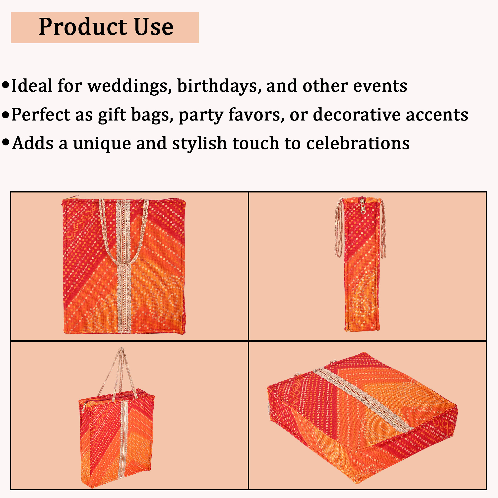 Kuber Industries Bandhej Silk Cloth Bags for Gifting with Zipper Lace and Handle  Bandhni Handbag Housewarming Ceremony Shagun Traditional Bag for Return Gifts  Bandhej Print - Red