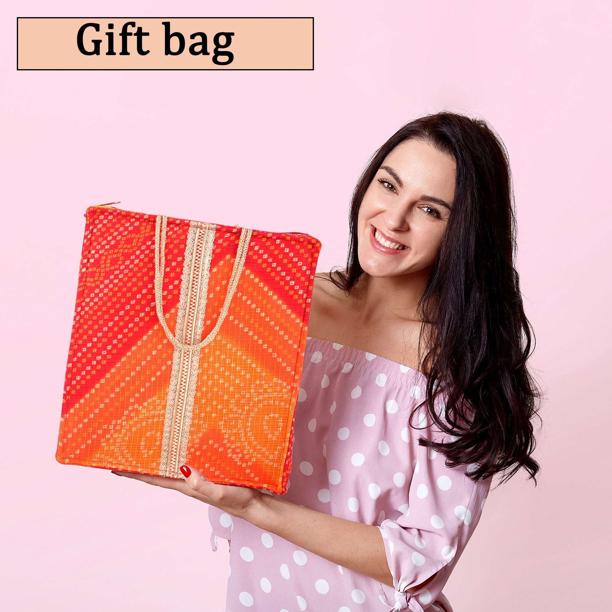 Kuber Industries Bandhej Silk Cloth Bags for Gifting with Zipper Lace and Handle  Bandhni Handbag Housewarming Ceremony Shagun Traditional Bag for Return Gifts  Bandhej Print - Red
