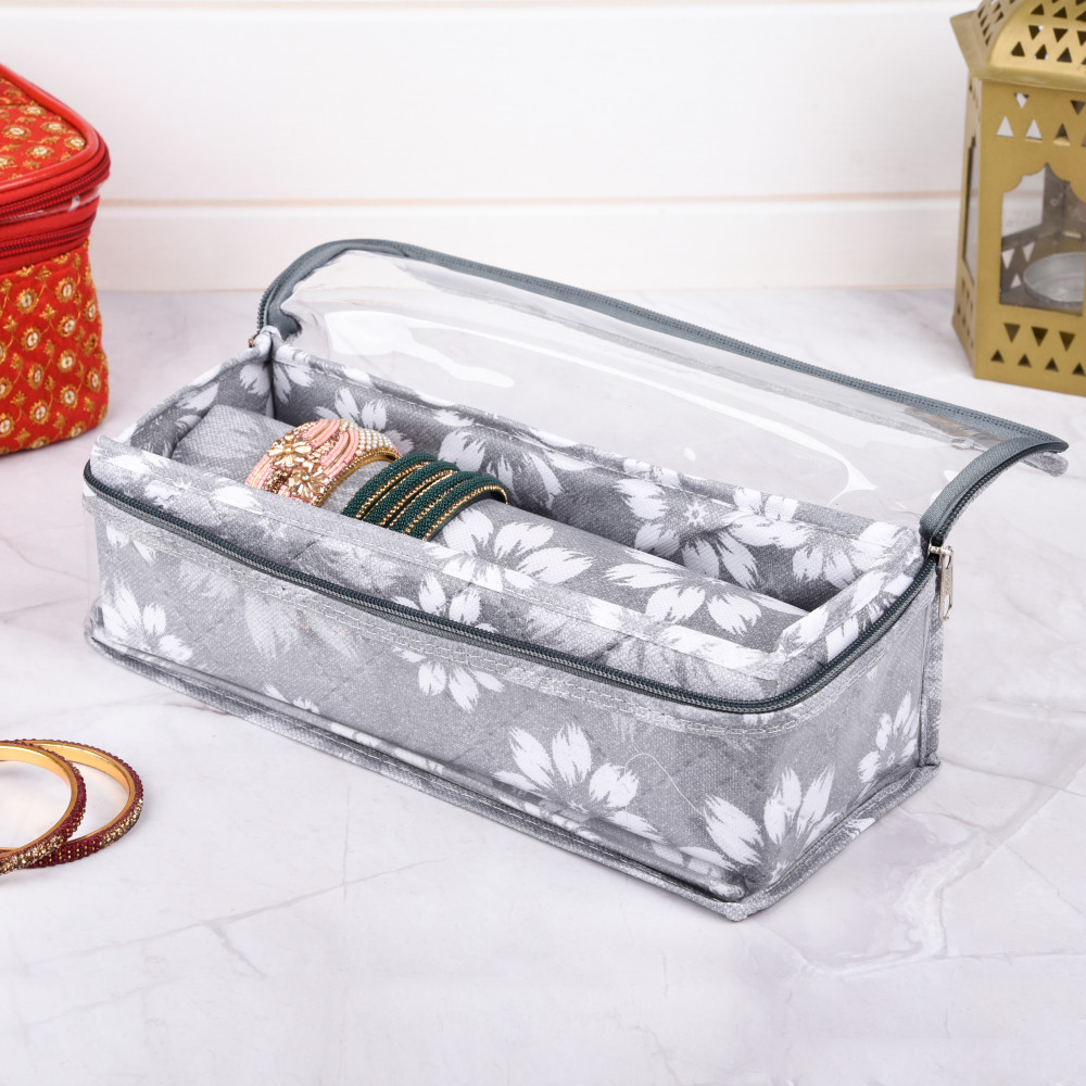 Kuber Industries Bangle Box | Single Rod Chudi Organizer with Visible Window | Travelling Bracelets Organizer | Waterproof Watch Organizer for Woman | Flower Quilted | Gray