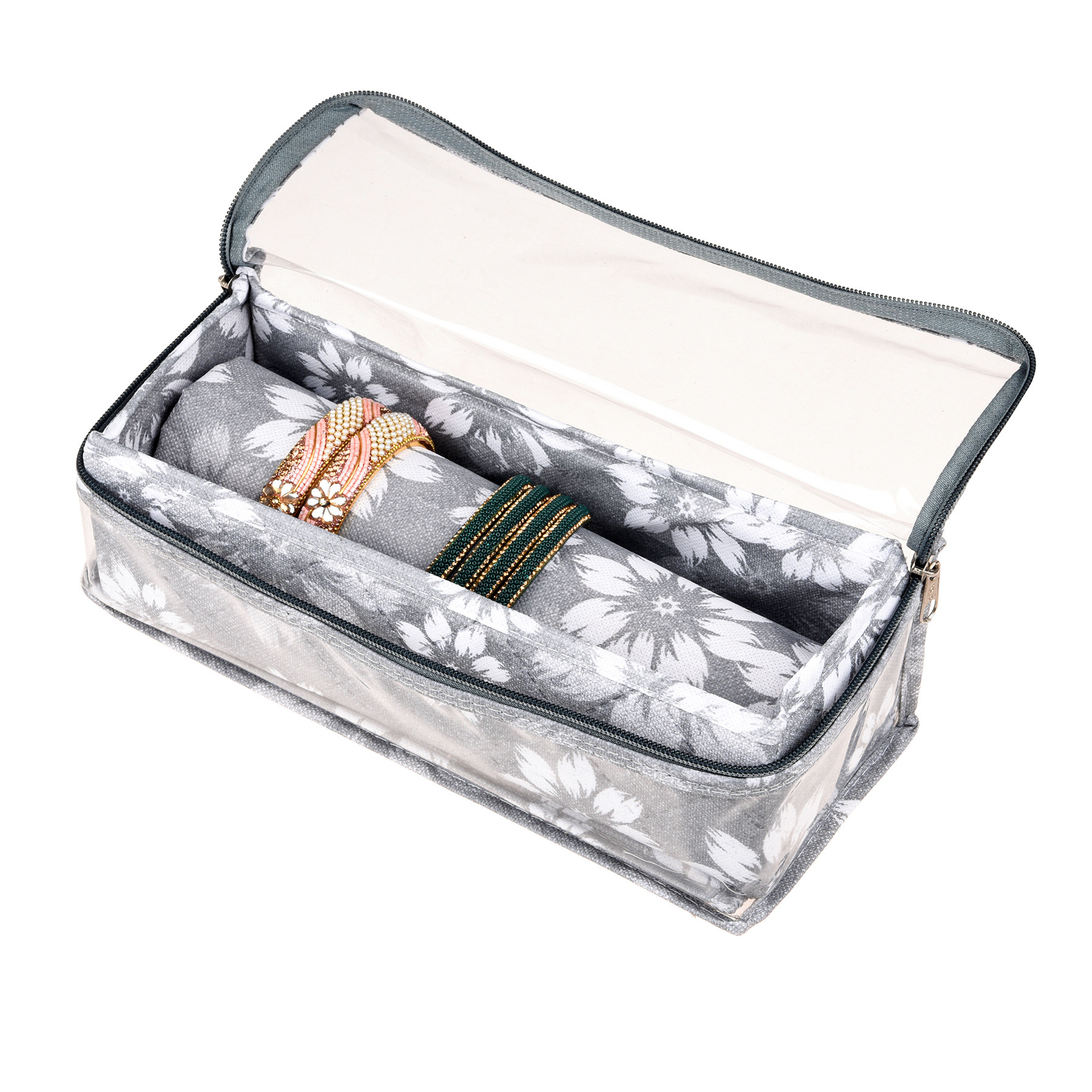 Kuber Industries Bangle Box | Single Rod Chudi Organizer with Visible Window | Travelling Bracelets Organizer | Waterproof Watch Organizer for Woman | Flower Quilted | Gray