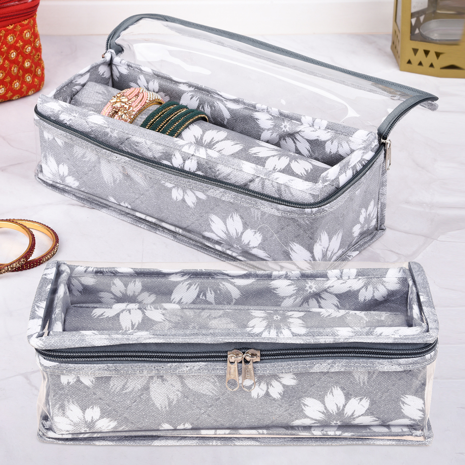 Kuber Industries Bangle Box | Single Rod Chudi Organizer with Visible Window | Travelling Bracelets Organizer | Waterproof Watch Organizer for Woman | Flower Quilted | Gray