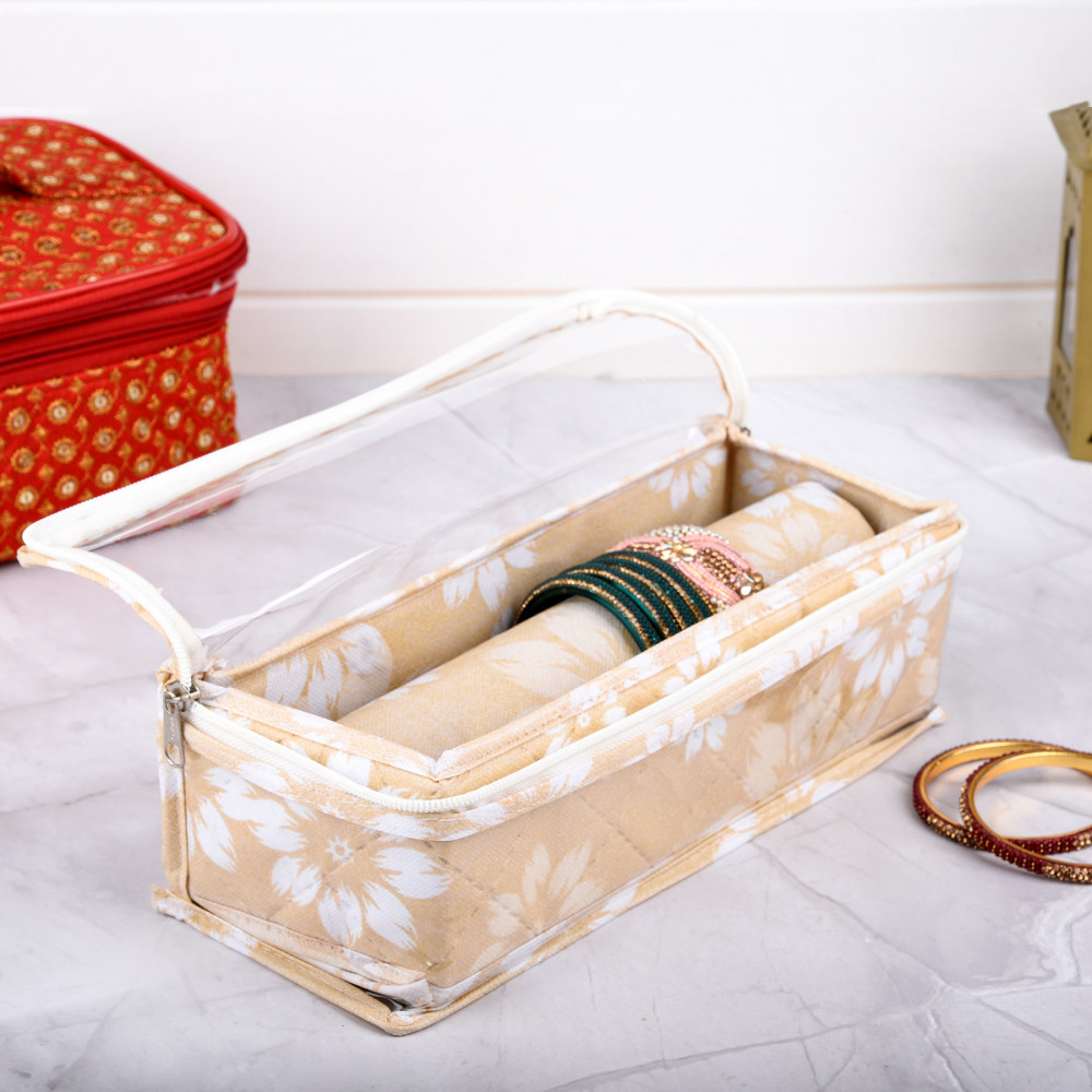 Kuber Industries Bangle Box | Single Rod Chudi Organizer with Visible Window | Travelling Bracelets Organizer | Waterproof Watch Organizer for Woman | Flower Quilted | Golden