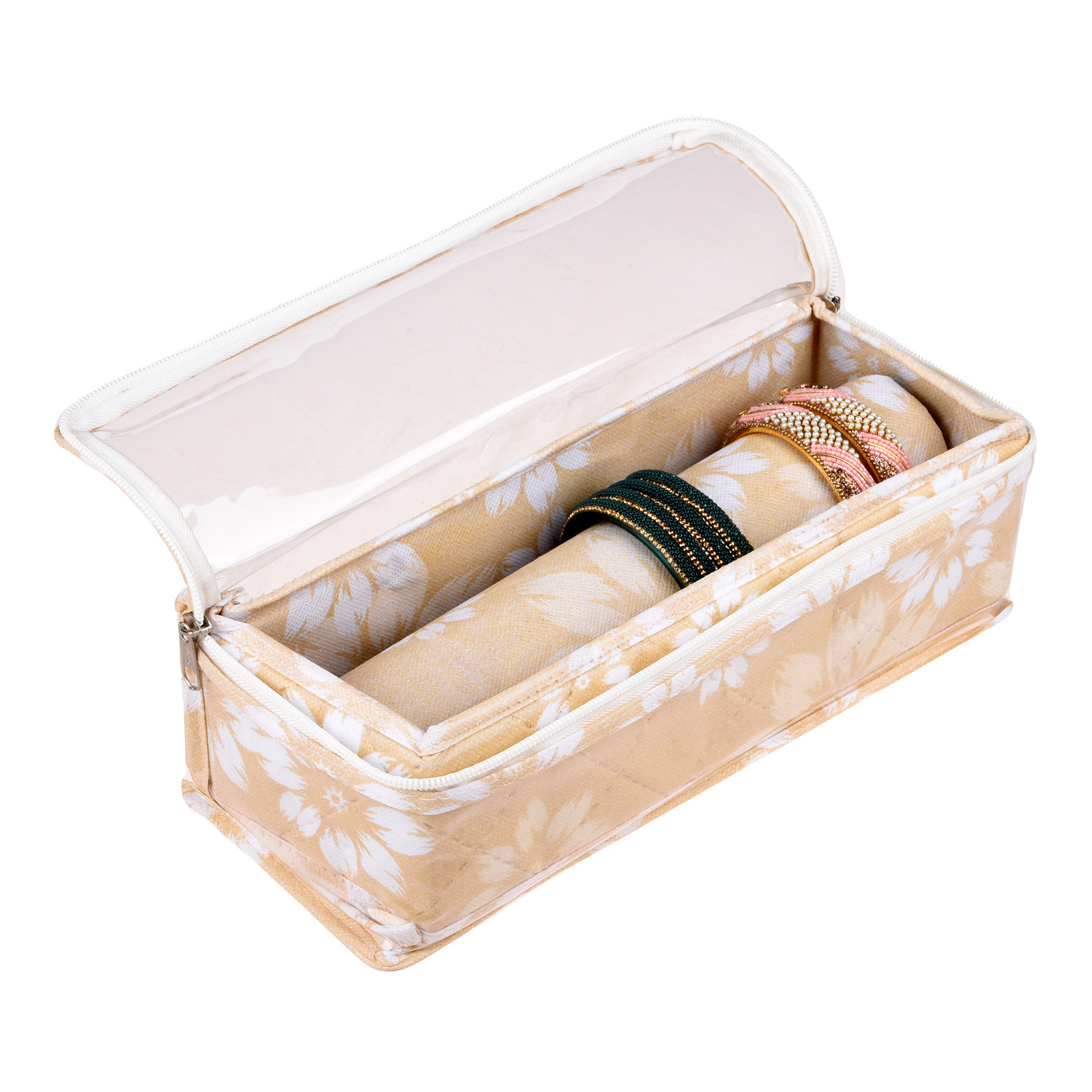 Kuber Industries Bangle Box | Single Rod Chudi Organizer with Visible Window | Travelling Bracelets Organizer | Waterproof Watch Organizer for Woman | Flower Quilted | Golden
