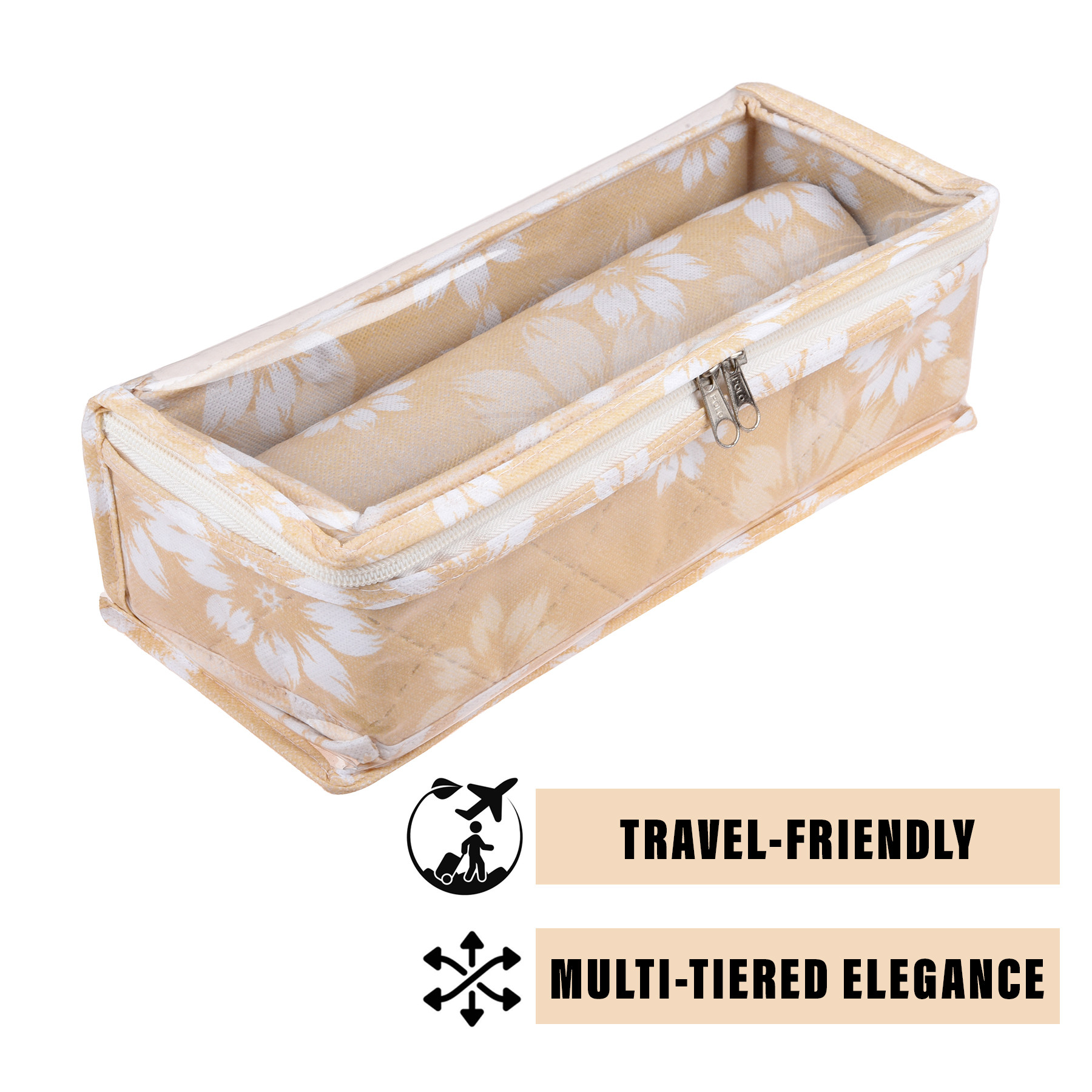 Kuber Industries Bangle Box | Single Rod Chudi Organizer with Visible Window | Travelling Bracelets Organizer | Waterproof Watch Organizer for Woman | Flower Quilted | Golden