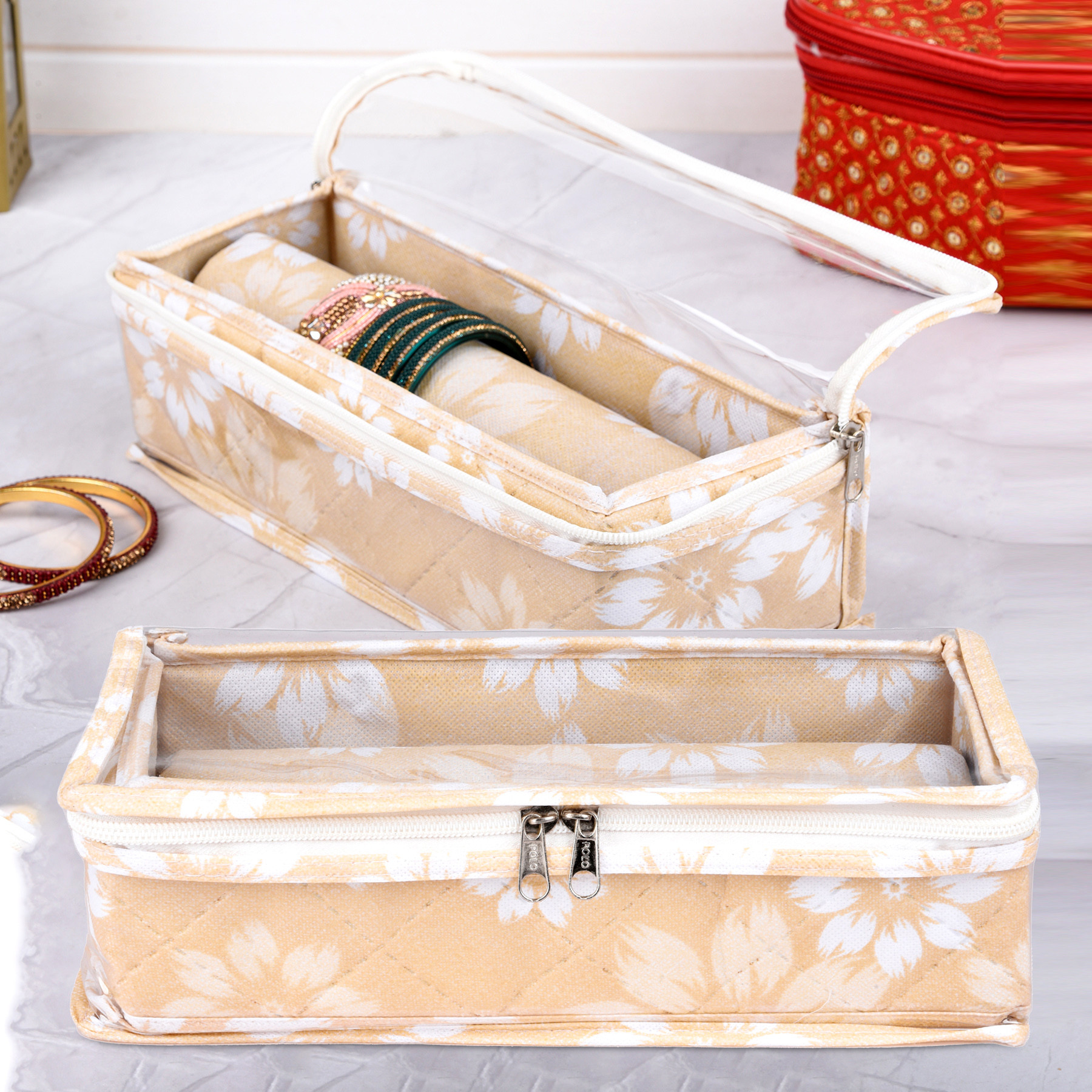 Kuber Industries Bangle Box | Single Rod Chudi Organizer with Visible Window | Travelling Bracelets Organizer | Waterproof Watch Organizer for Woman | Flower Quilted | Golden