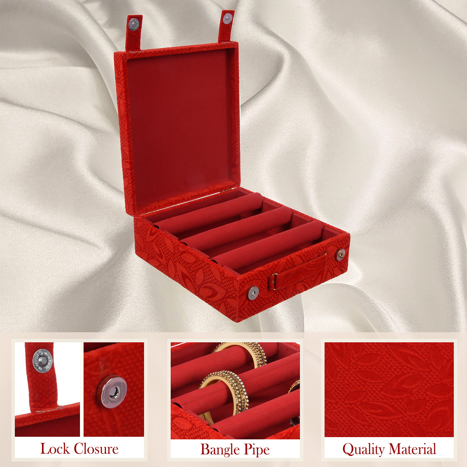 Kuber Industries Bangle Box | Velvet Jewellery Gifts Organizer | Bracelet Organizer for Women | Bangle Box for Women | Self Cut Work |3 Rod Bangle Organizer | Red
