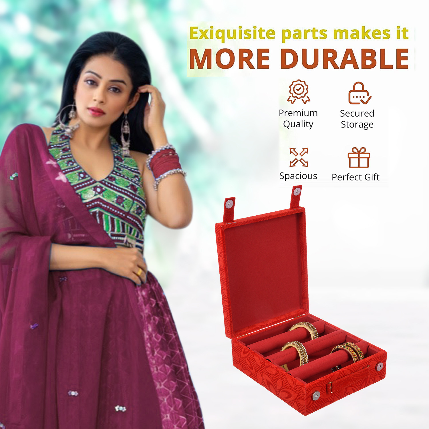 Kuber Industries Bangle Box | Velvet Jewellery Gifts Organizer | Bracelet Organizer for Women | Bangle Box for Women | Self Cut Work |3 Rod Bangle Organizer | Red