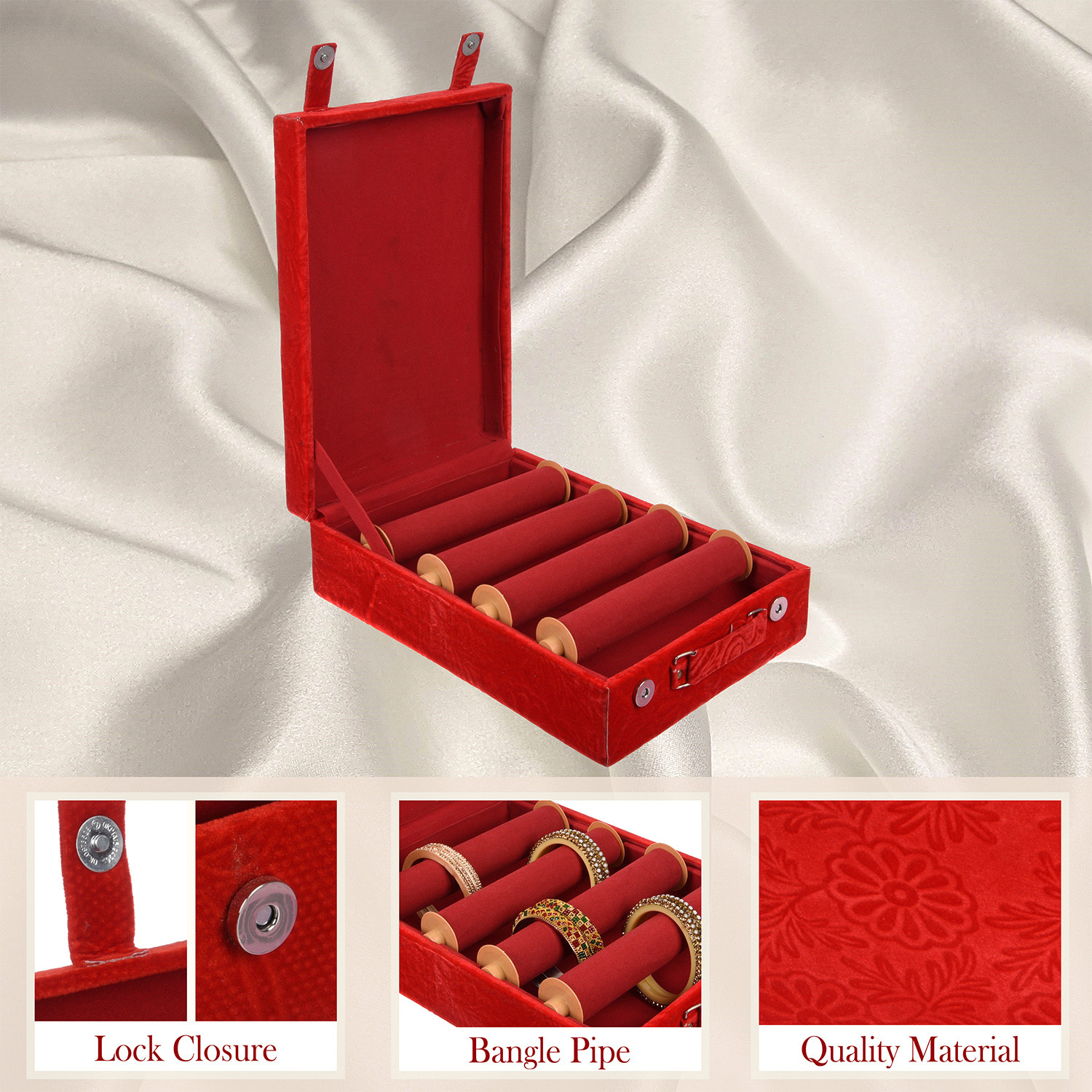 Kuber Industries Bangle Box | Velvet Jewellery Gifts Organizer | Bracelet Organizer for Women | Bangle Box for Women | Self Cut Work |4 Rod Bangle Organizer | Red