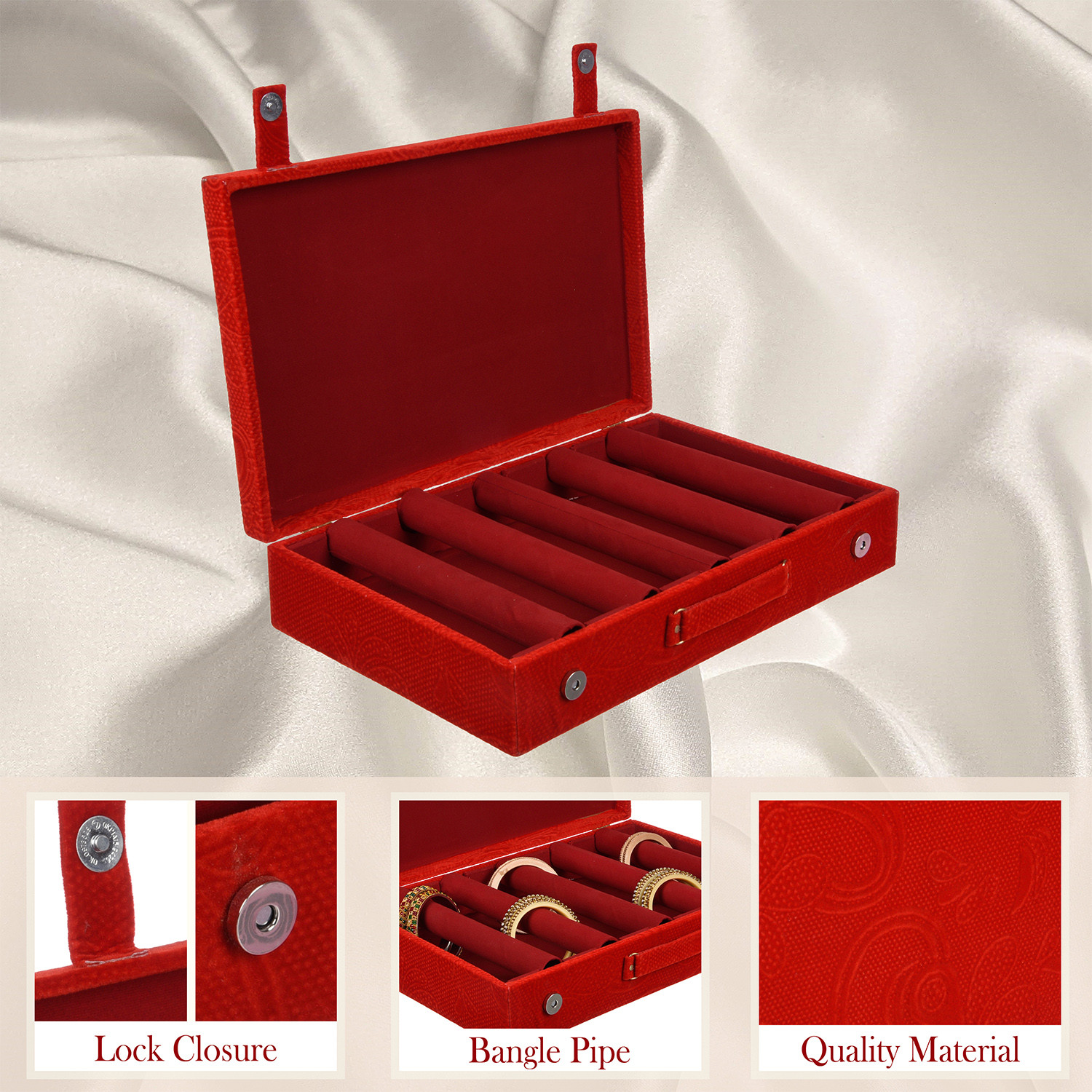 Kuber Industries Bangle Box | Velvet Jewellery Gifts Organizer | Bracelet Organizer for Women | Bangle Box for Women | Self Cut Work |5 Rod Bangle Organizer | Red