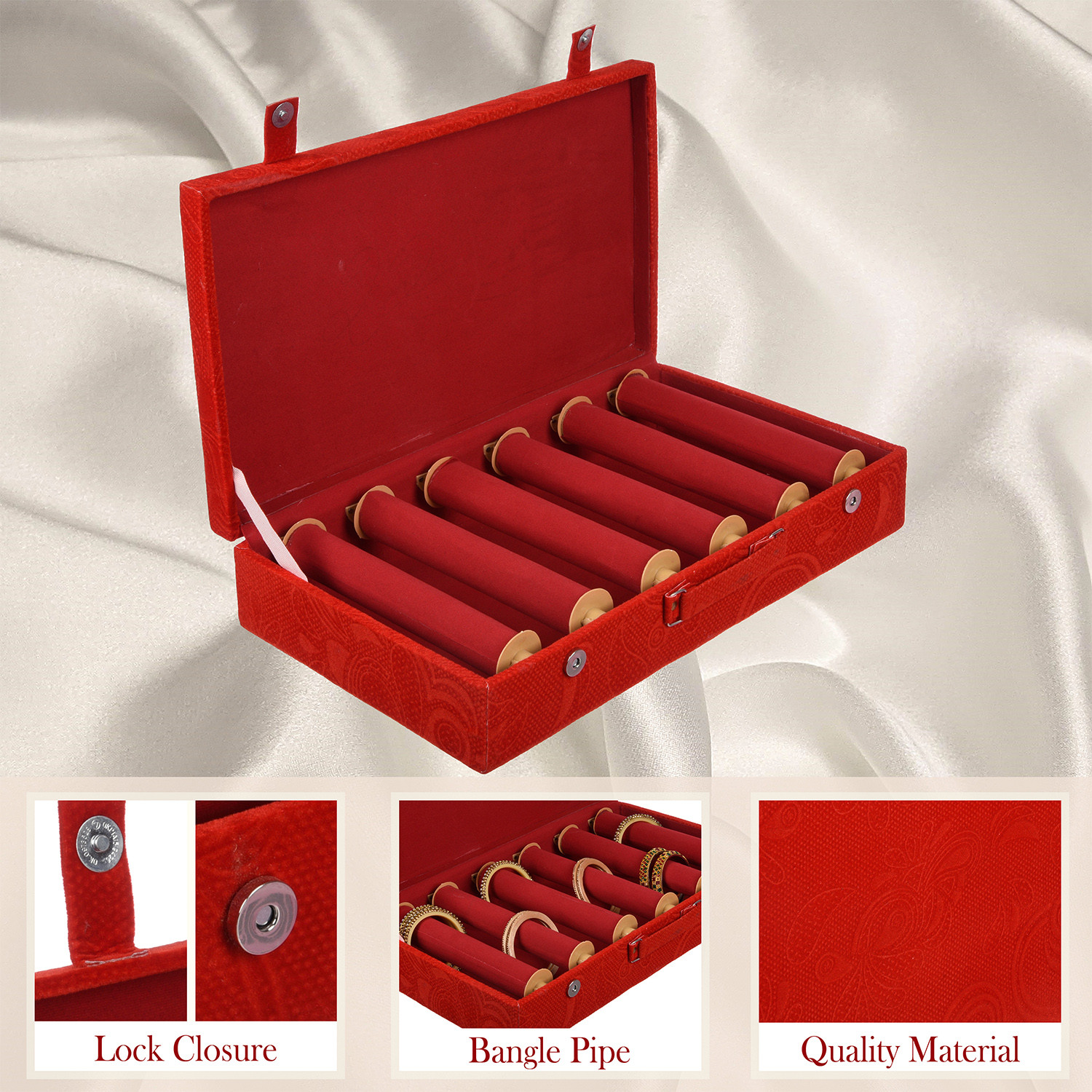Kuber Industries Bangle Box | Velvet Jewellery Gifts Organizer | Bracelet Organizer for Women | Bangle Box for Women | Self Cut Work |6 Rod Bangle Organizer | Red