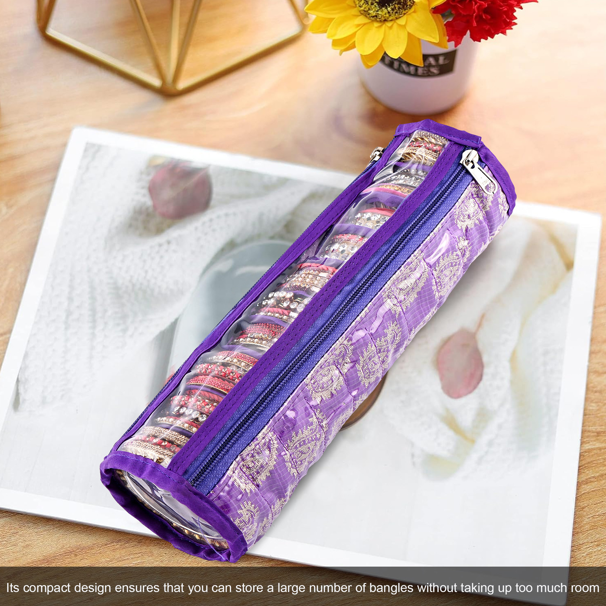 Kuber Industries Bangles Organisers Storage Box with 10 Compartments  Gold Jewellery Pouch  Chudi Case Holder for Women  Printed -Purple