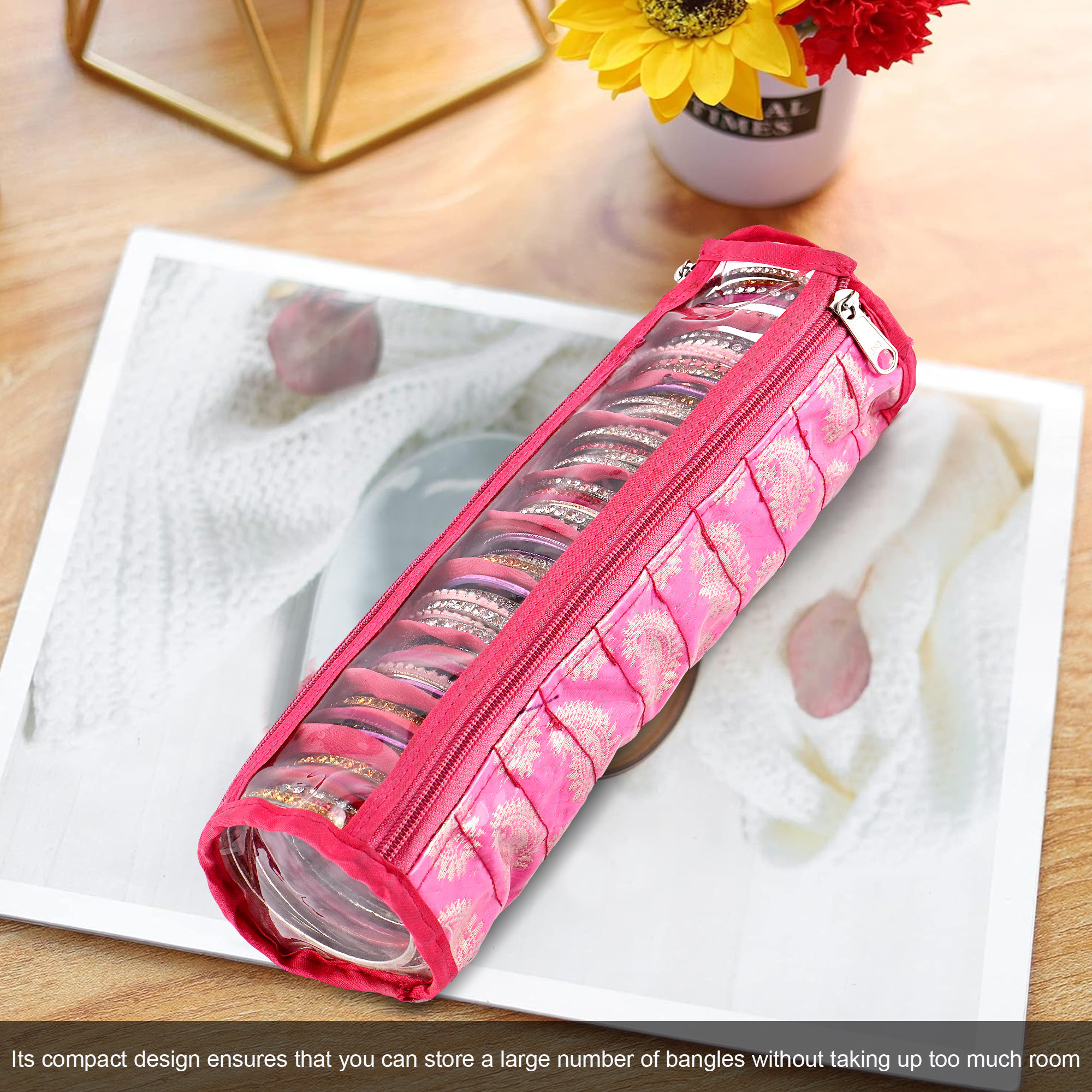 Kuber Industries Bangles Organisers Storage Box with 10 Compartments  Gold Jewellery Pouch  Chudi Case Holder for Women  Printed - Pink