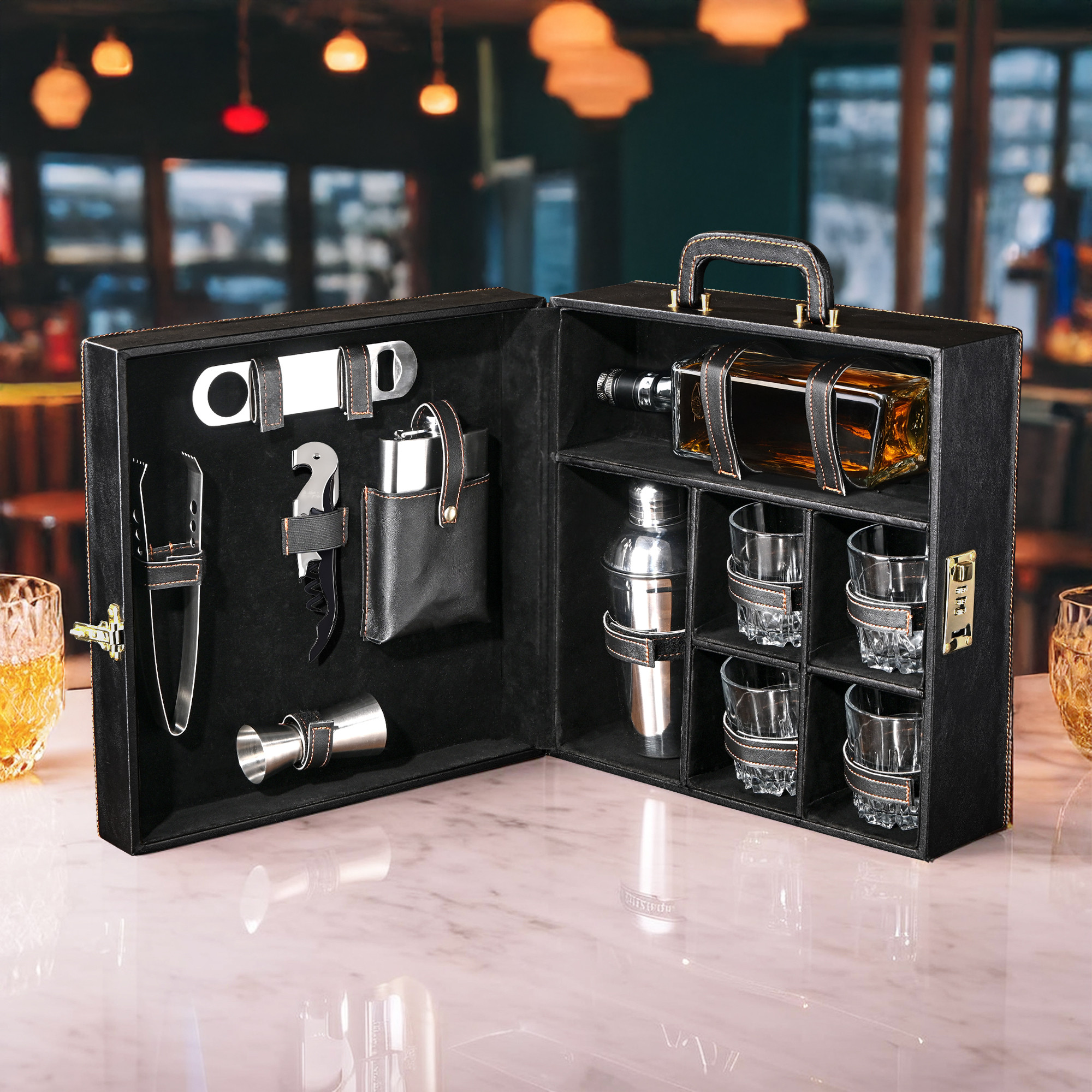 Kuber Industries Bar Set  Faux Leather Portable Bartender Kit  Cocktail Shaker Set  4 Imported Glasses  Bar Tool Set  Barset for Picnic  Gifting for Men  Barware Set for Party  Black