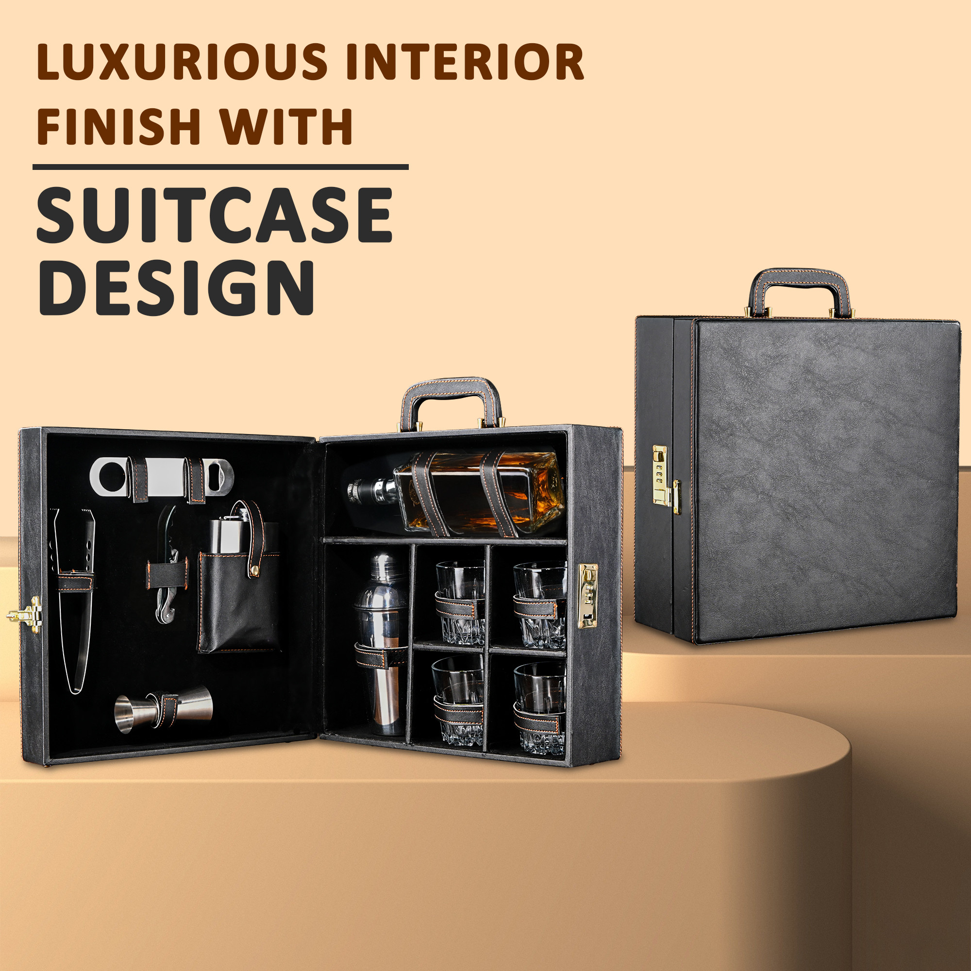 Kuber Industries Bar Set  Faux Leather Portable Bartender Kit  Cocktail Shaker Set  4 Imported Glasses  Bar Tool Set  Barset for Picnic  Gifting for Men  Barware Set for Party  Black