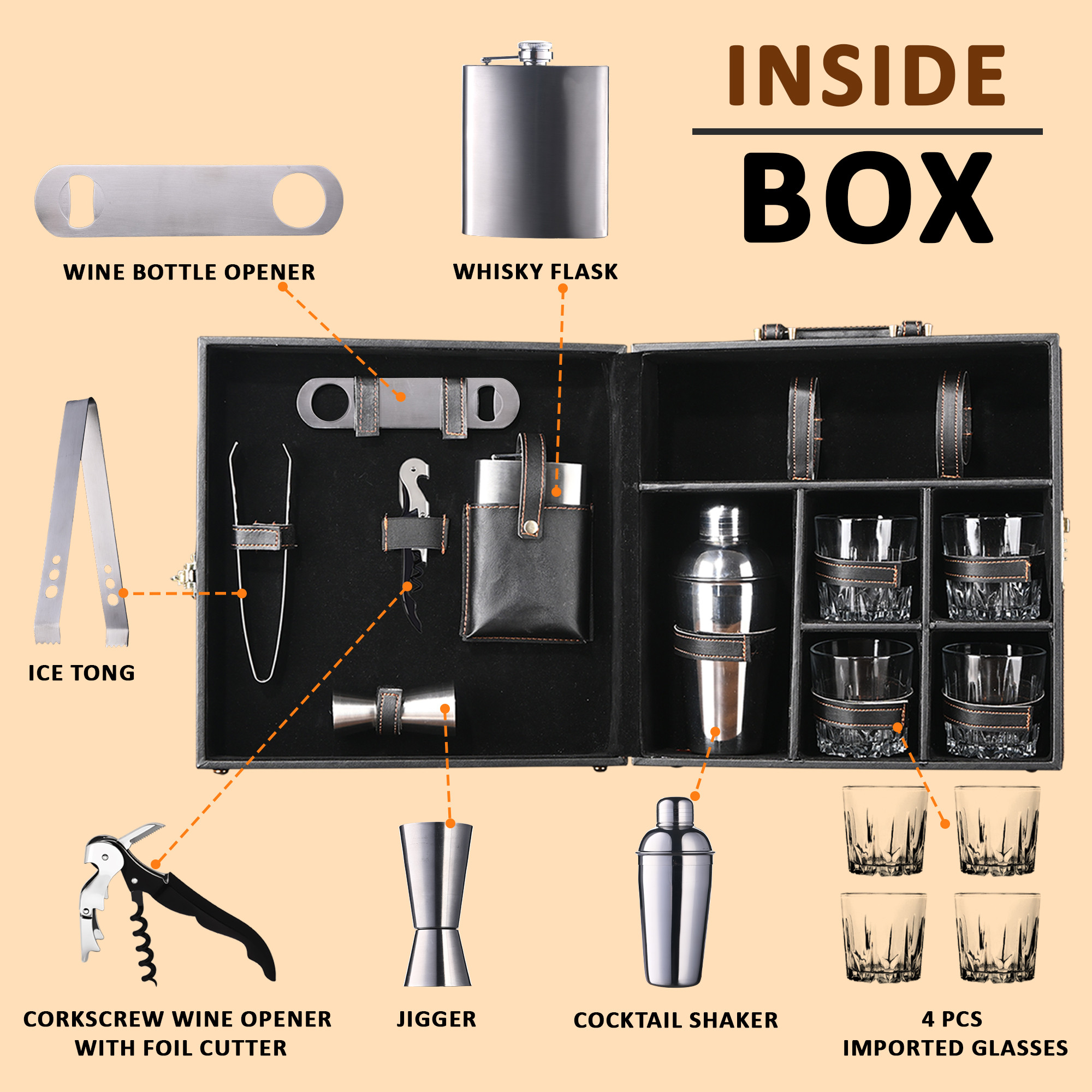Kuber Industries Bar Set  Faux Leather Portable Bartender Kit  Cocktail Shaker Set  4 Imported Glasses  Bar Tool Set  Barset for Picnic  Gifting for Men  Barware Set for Party  Black
