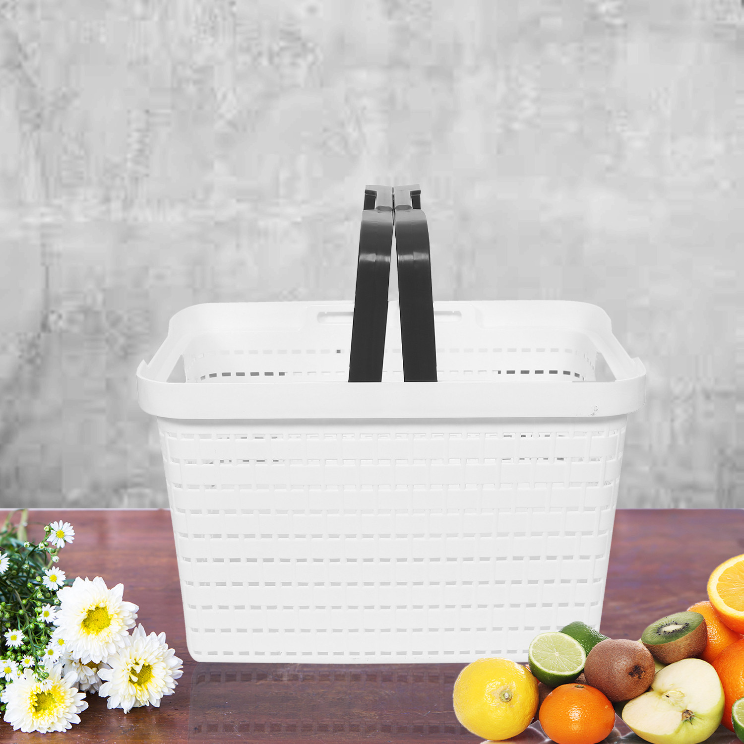 Kuber Industries Basket | Plastic Fruits Storage Basket | Picnic Storage Basket | Kitchen Storage Basket | Stationery Storage Basket | FLORA-222 | Pack of 2 | White & Coffee