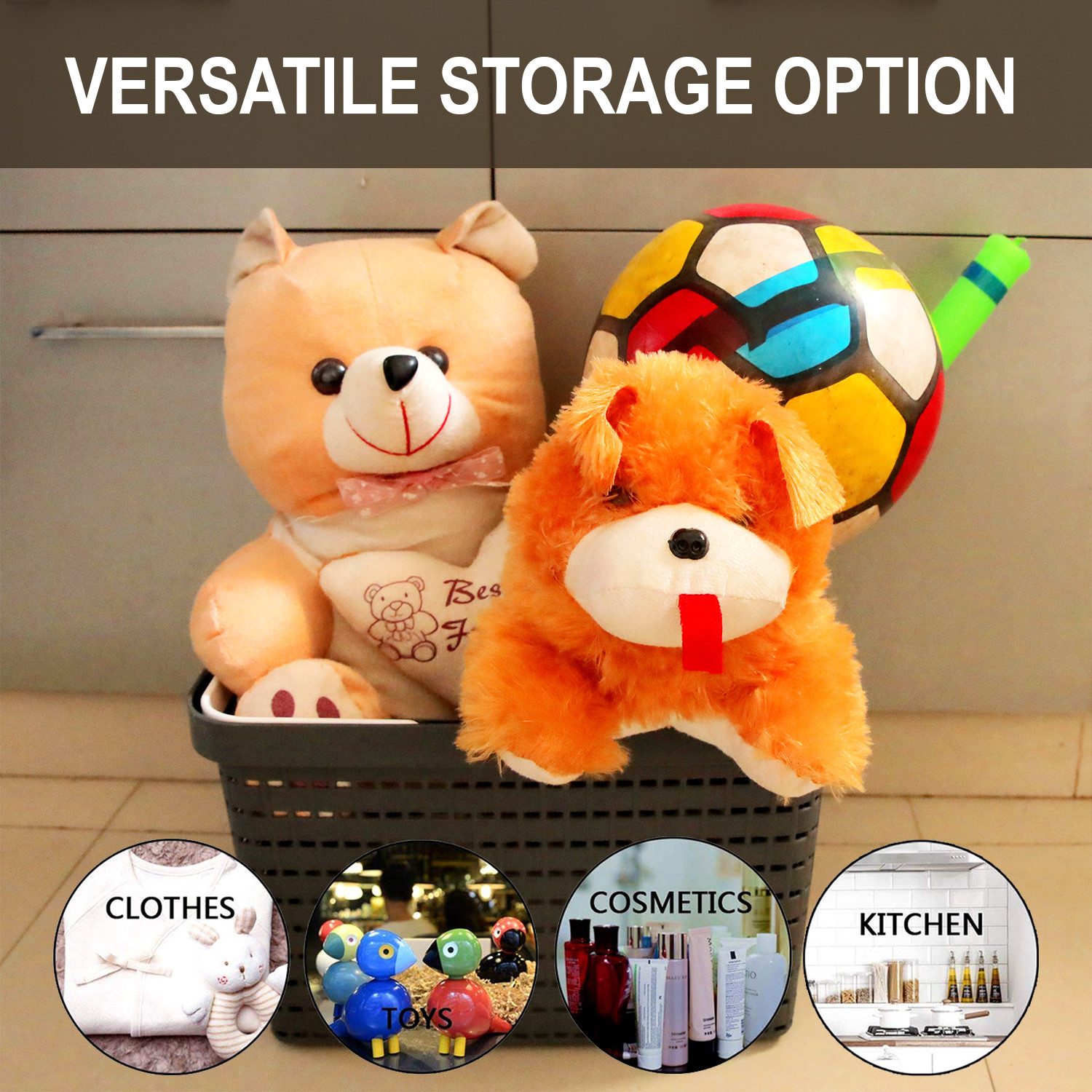 Kuber Industries Basket  Plastic Storage Basket for Fruits  Storage Basket for Picnic  Storage Basket for Kitchen  Stationery Storage Basket  FLORA-333  Large  Gray