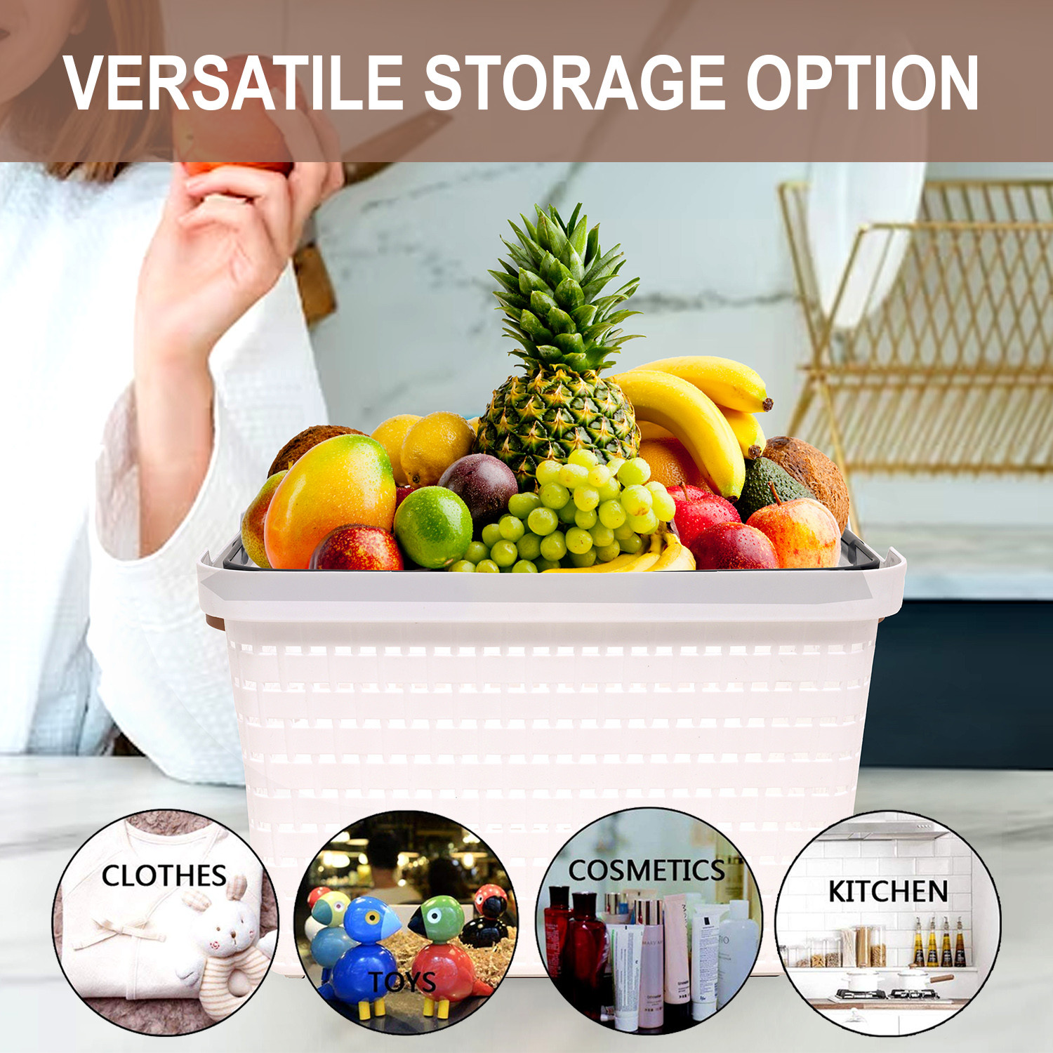 Kuber Industries Basket  Plastic Storage Basket for Fruits  Storage Basket for Picnic  Storage Basket for Kitchen  Stationery Storage Basket  FLORA-333  Large  White