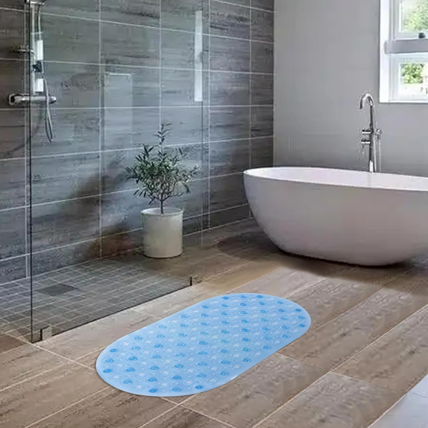 Kuber Industries Bath Mat | PVC Bathroom Mat | Shower Bath Mat | Floor Tub Mat | Bathroom Oval Mud Mat | Anti-Skid Shower Bathroom Mat | Q-01A | Blue