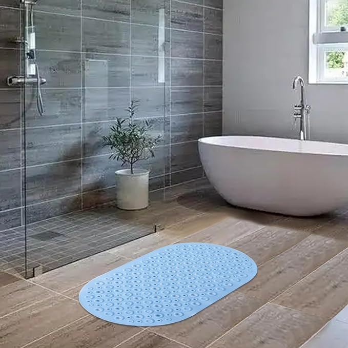 Kuber Industries Bath Mat | PVC Bathroom Mat | Shower Bath Mat | Floor Tub Mat | Bathroom Oval Mud Mat | Anti-Skid Shower Bathroom Mat | Q-02B | Light Blue