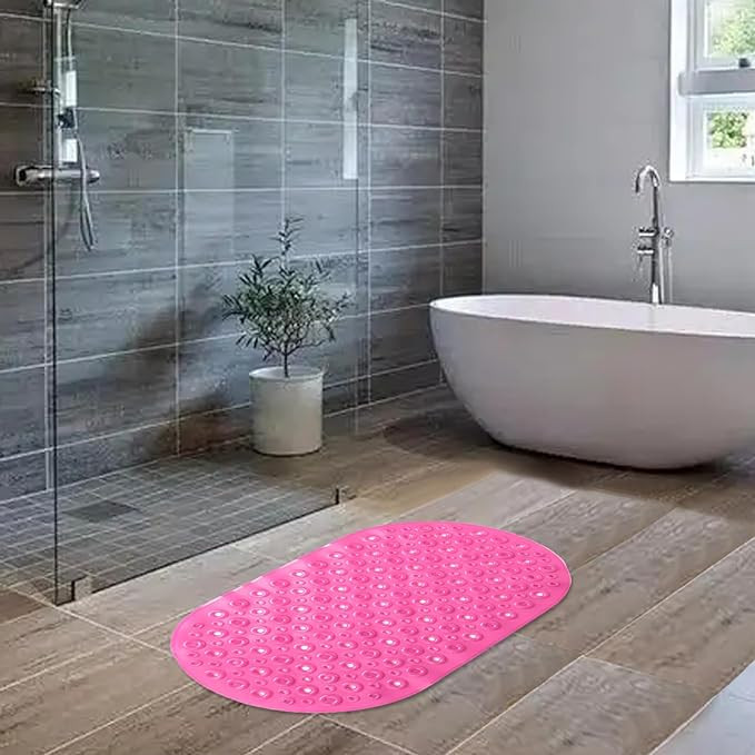 Kuber Industries Bath Mat | PVC Bathroom Mat | Shower Bath Mat | Floor Tub Mat | Bathroom Oval Mud Mat | Anti-Skid Shower Bathroom Mat | Q-02C | Rose Red