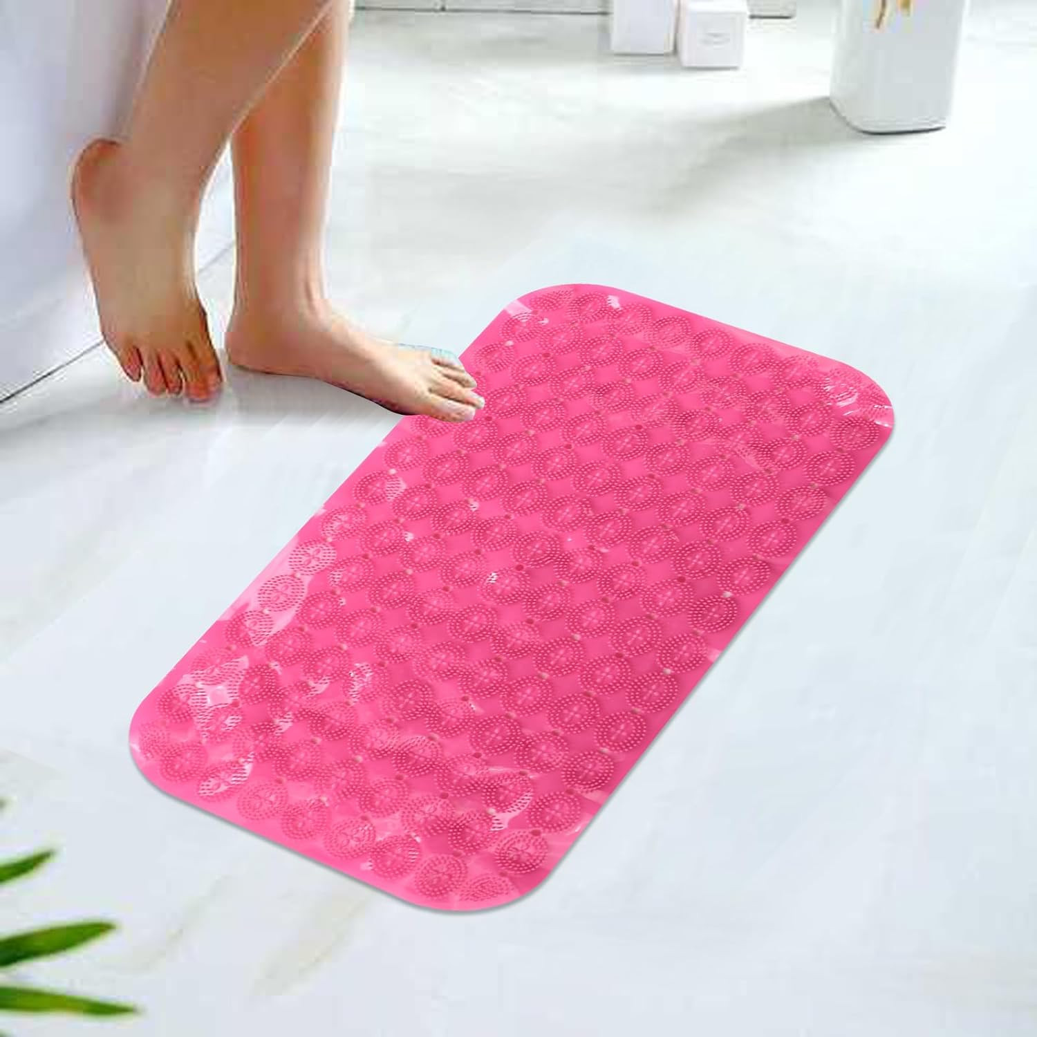 Kuber Industries Bath Mat | PVC Bathroom Mat | Shower Bath Mat | Floor Tub Mat | Foot Massager Mat | Anti-Skid Shower Bathroom Mat | B-02D | Rose Red