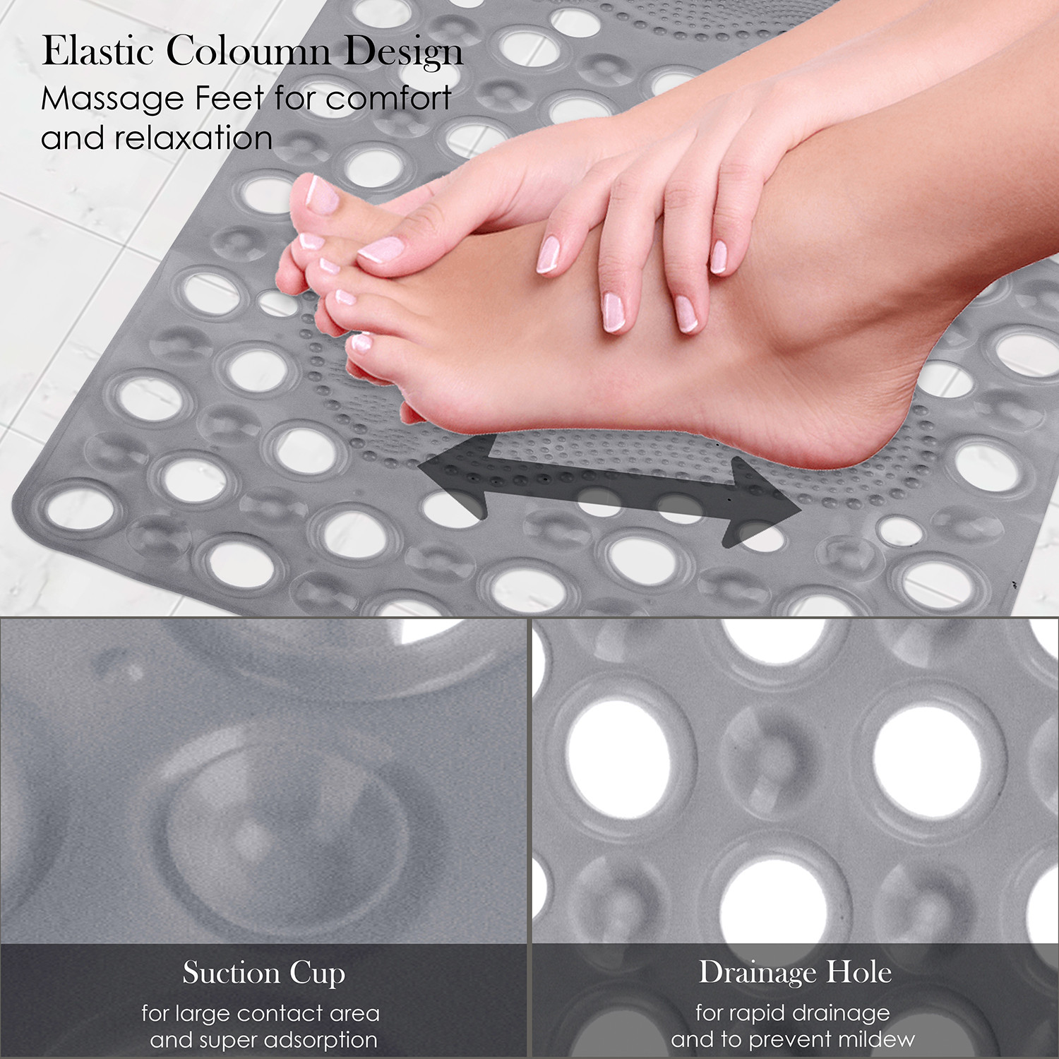 Kuber Industries Bath Mat  PVC Bathroom Mat  Shower Bath Mat  Hole Bath Tub Mat  Foot Massager Mat  Anti-Skid Shower Mat with Drain Holes  Gray