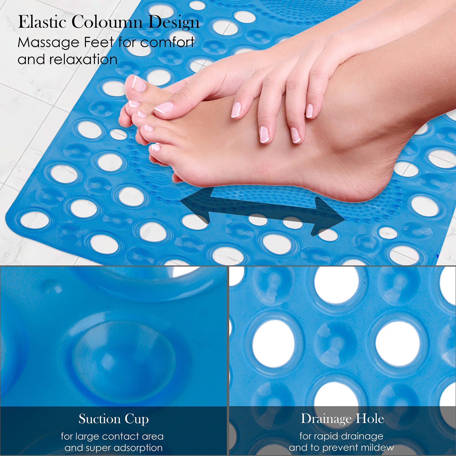 Kuber Industries Bath Mat  PVC Bathroom Mat  Shower Bath Mat  Hole Bath Tub Mat  Foot Massager Mat  Anti-Skid Shower Mat with Drain Holes  Blue
