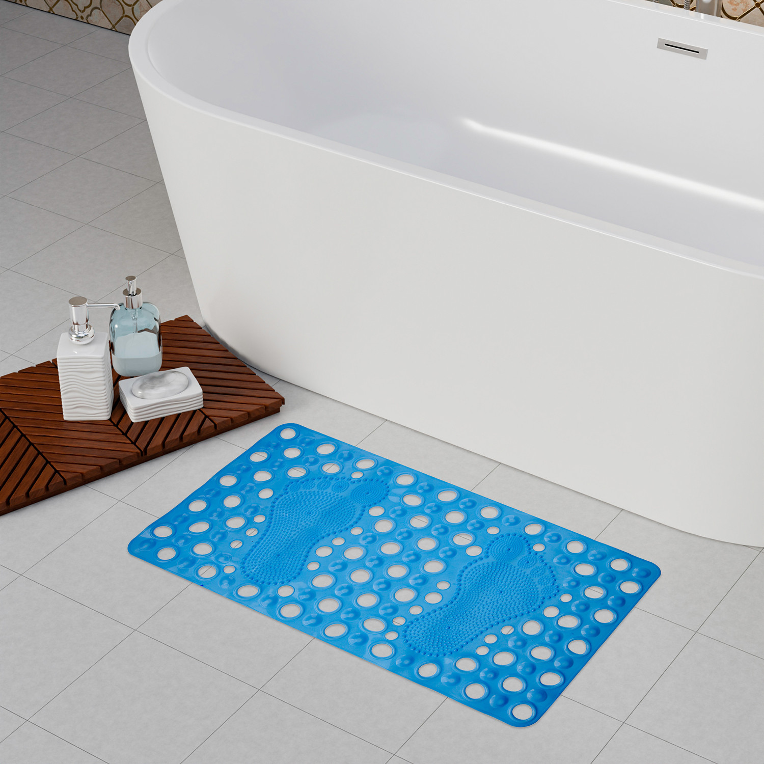 Kuber Industries Bath Mat | PVC Bathroom Mat | Shower Bath Mat | Hole Bath Tub Mat | Foot Massager Mat | Anti-Skid Shower Mat with Drain Holes | Blue