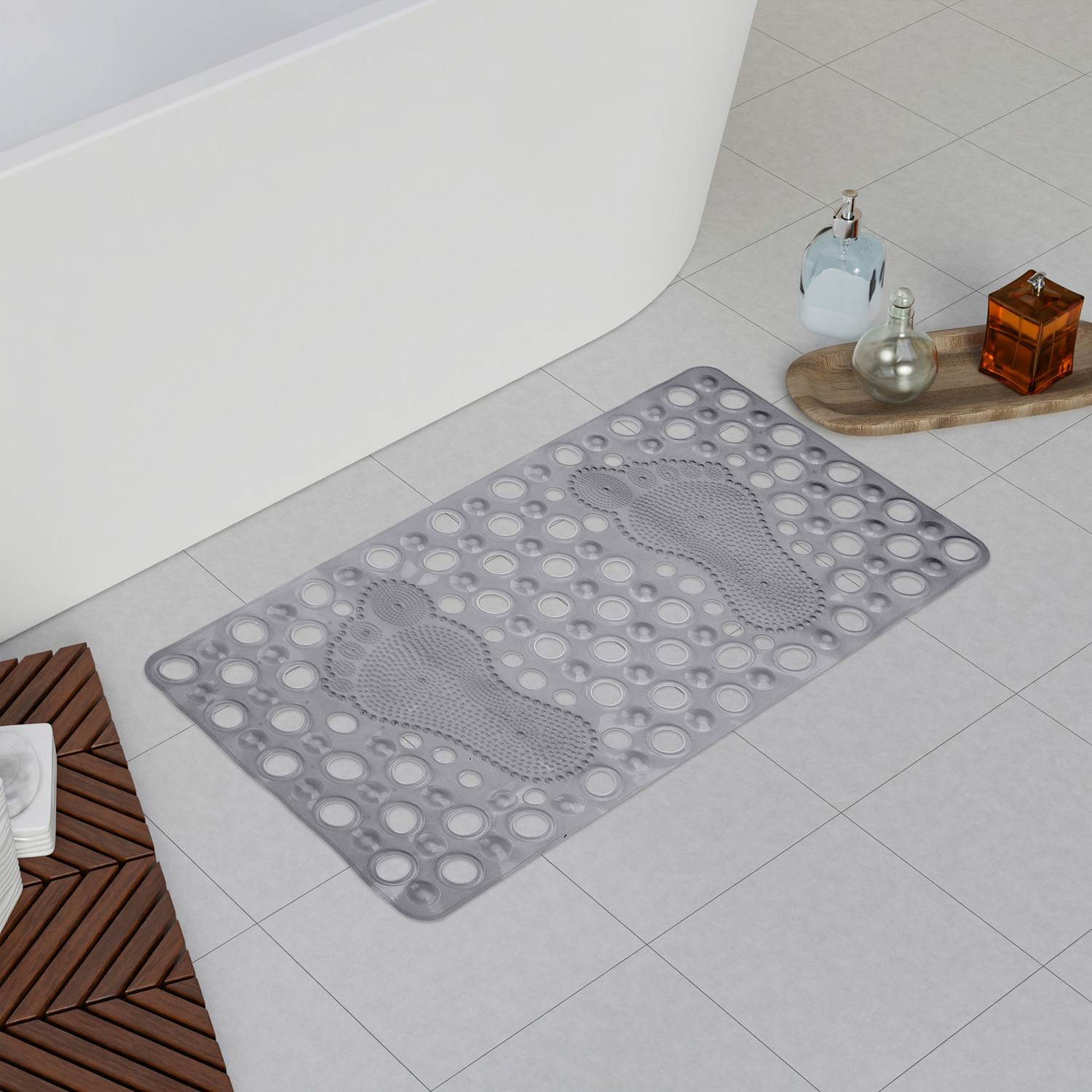 Kuber Industries Bath Mat | PVC Bathroom Mat | Shower Bath Mat | Hole Bath Tub Mat | Foot Massager Mat | Anti-Skid Shower Mat with Drain Holes | Gray