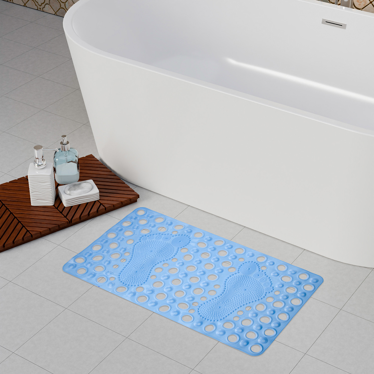 Kuber Industries Bath Mat | PVC Bathroom Mat | Shower Bath Mat | Hole Bath Tub Mat | Foot Massager Mat | Anti-Skid Shower Mat with Drain Holes | Sky Blue