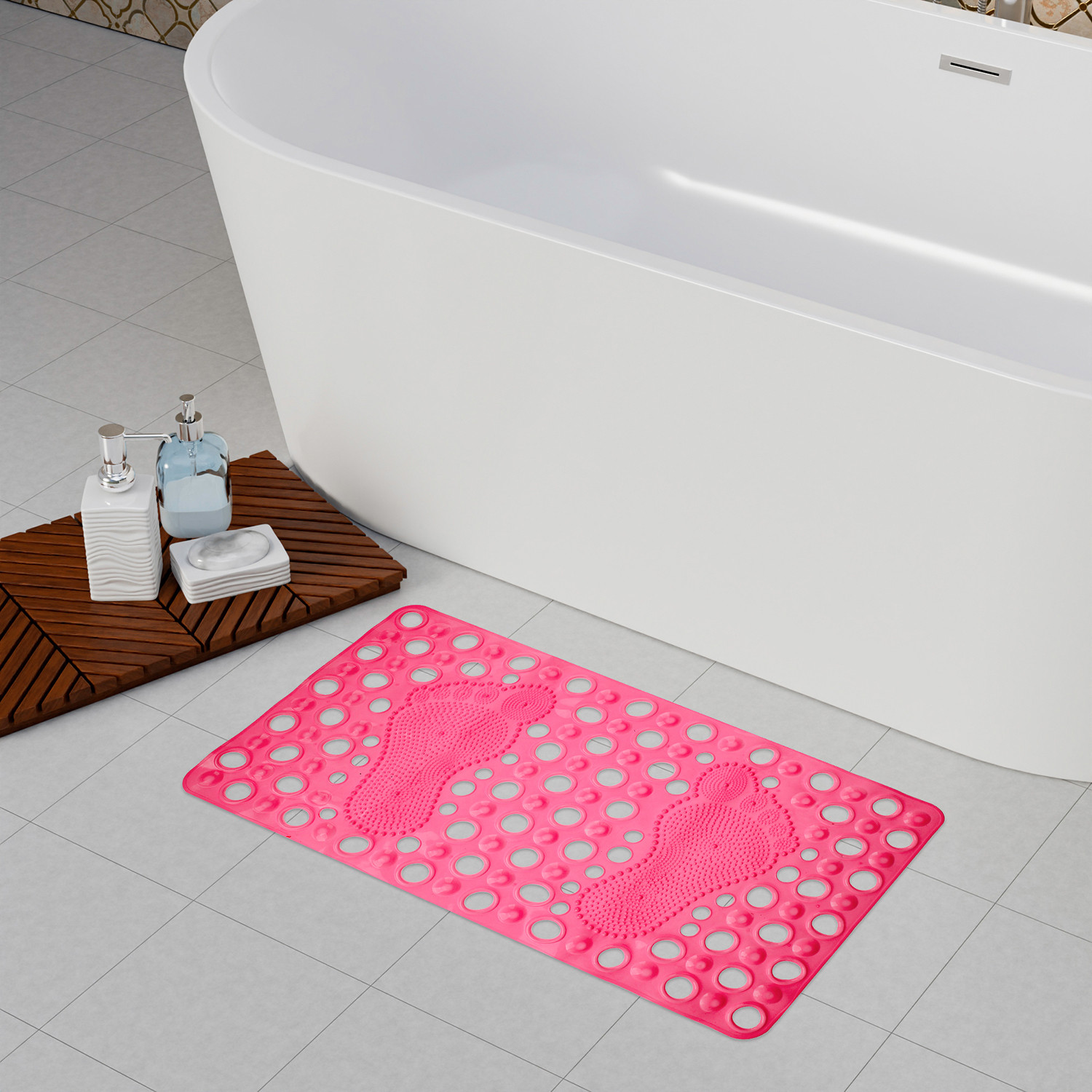 Kuber Industries Bath Mat | PVC Bathroom Mat | Shower Bath Mat | Hole Bath Tub Mat | Foot Massager Mat | Anti-Skid Shower Mat with Drain Holes | Pink