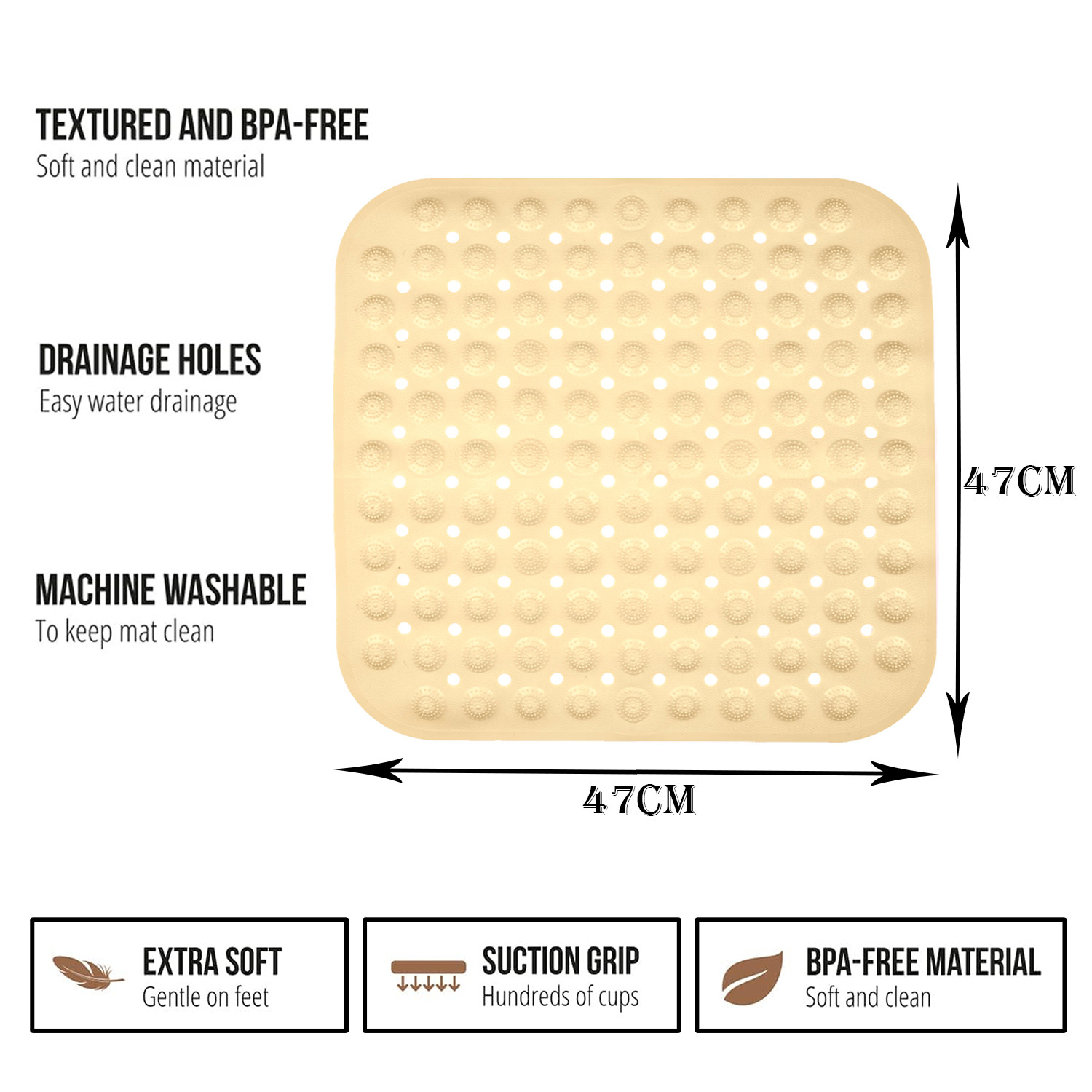 Kuber Industries Bath Mat | PVC Bathroom Mat | Shower Bath Mat | Square Bath Tub Mat | Foot Massager Mat | Anti-Skid Floor Mat | Shower Mat | Cream