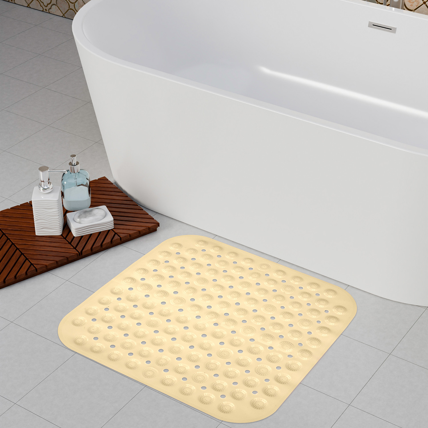 Kuber Industries Bath Mat | PVC Bathroom Mat | Shower Bath Mat | Square Bath Tub Mat | Foot Massager Mat | Anti-Skid Floor Mat | Shower Mat | Cream