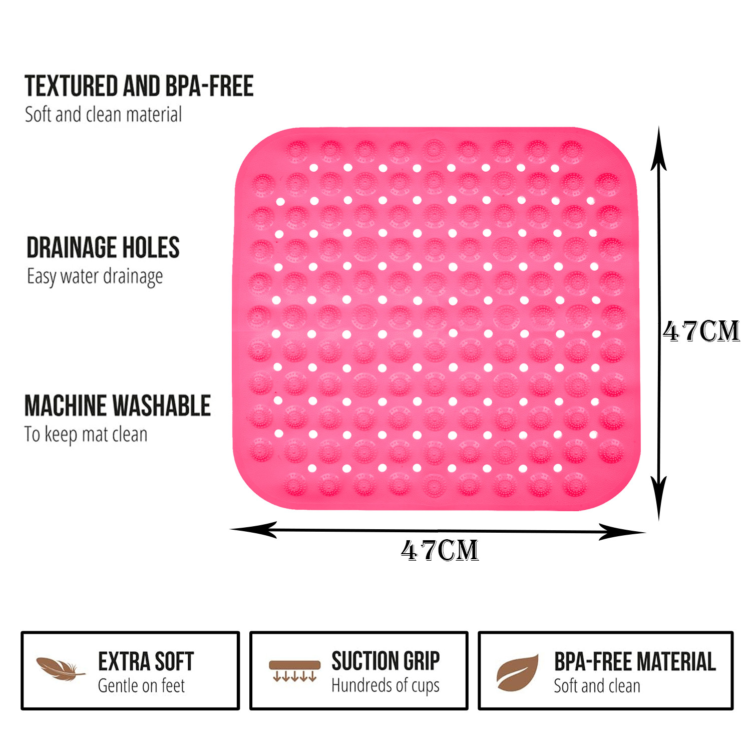 Kuber Industries Bath Mat | PVC Bathroom Mat | Shower Bath Mat | Square Bath Tub Mat | Foot Massager Mat | Anti-Skid Floor Mat | Shower Mat | Pink
