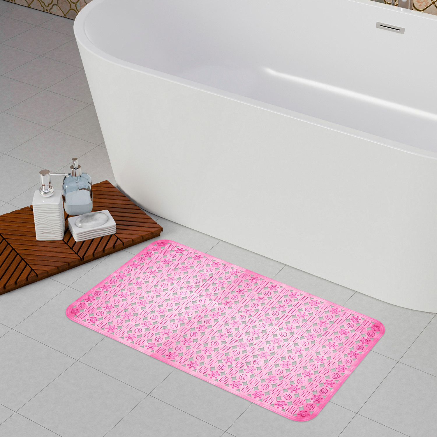 Kuber Industries Bath Mat | PVC Bathroom Mat | Shower Bath Mat | Transparent Round Check Floor Tub Mat | Foot Massager Mat | Anti-Skid Floor Mat | Shower Mat | Pink