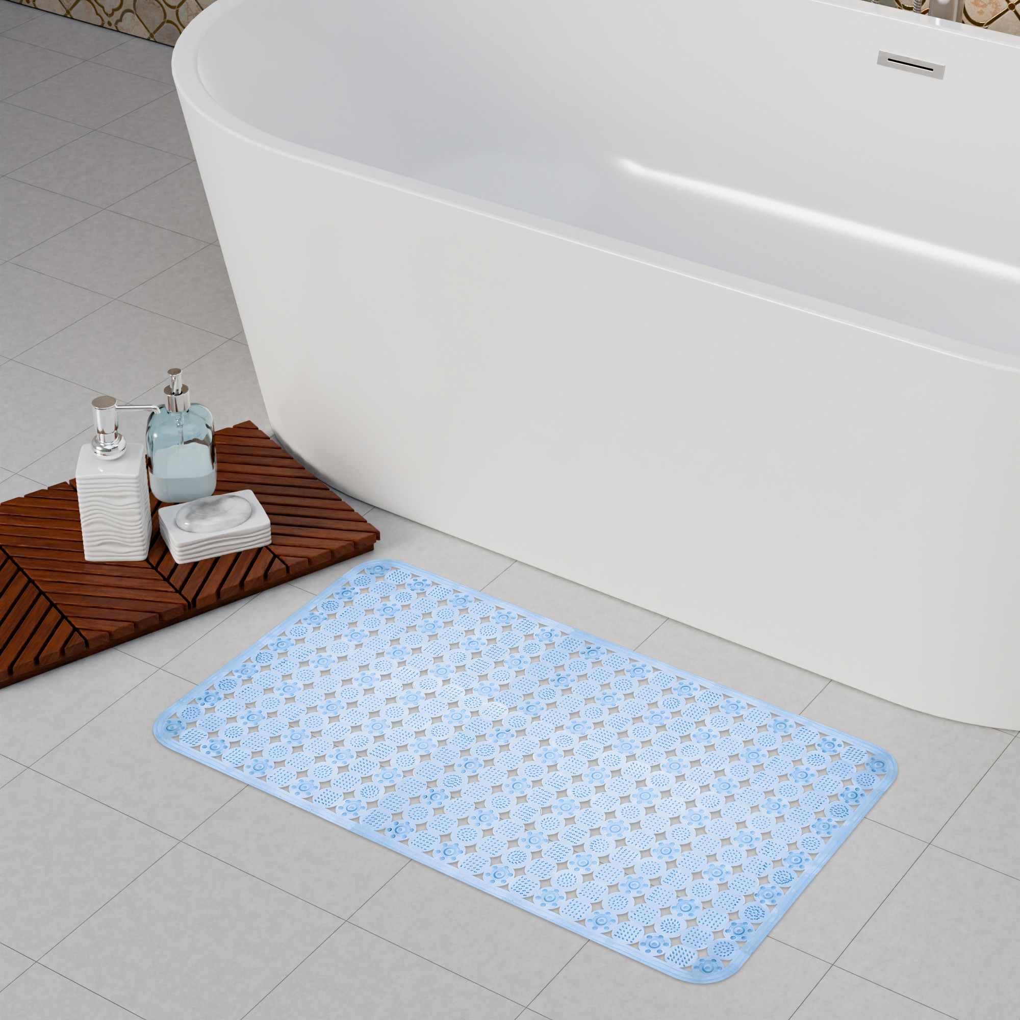 Kuber Industries Bath Mat | PVC Bathroom Mat | Shower Bath Mat | Transparent Round Check Floor Tub Mat | Foot Massager Mat | Anti-Skid Floor Mat | Shower Mat | Blue