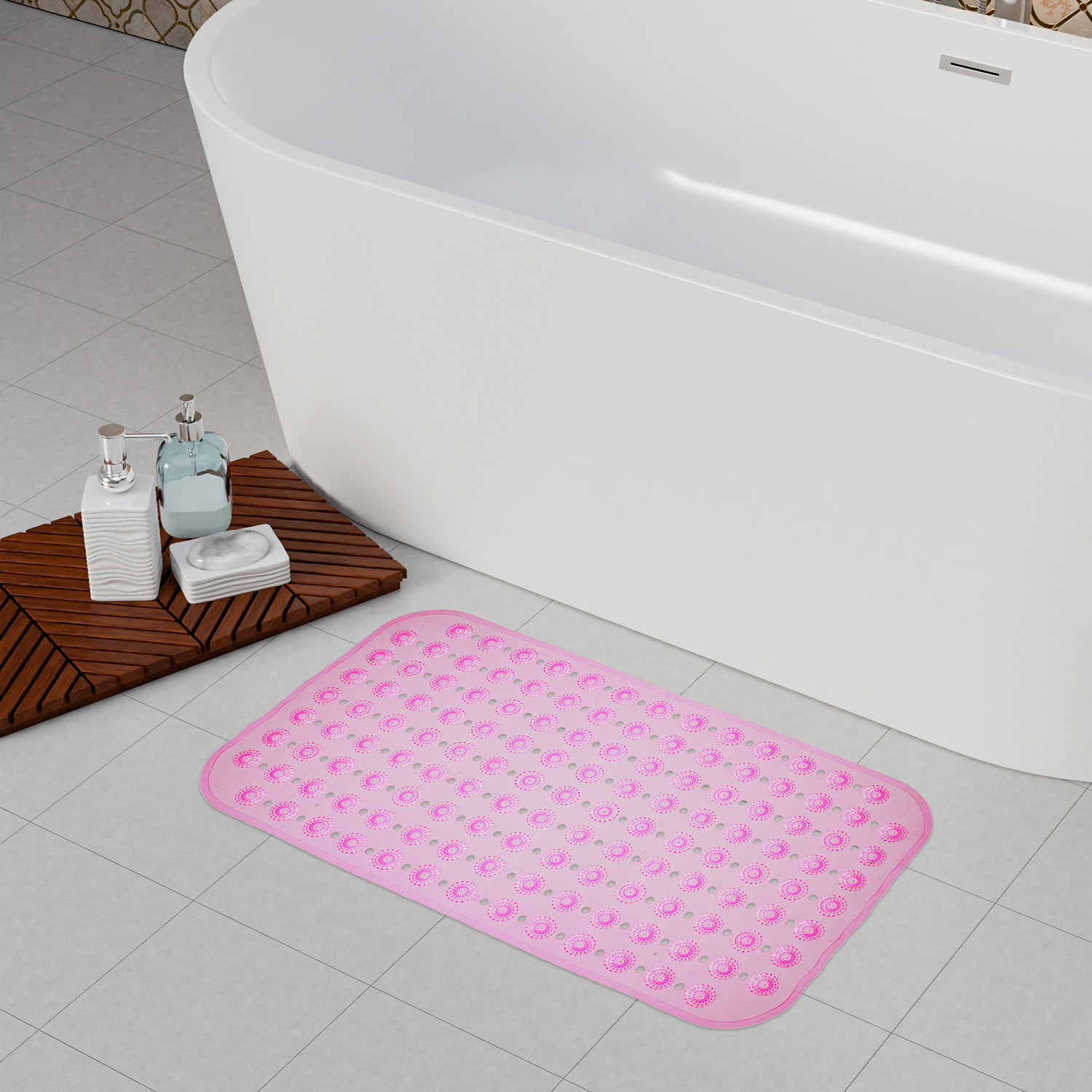 Kuber Industries Bath Mat  PVC Bathroom Mat  Shower Bath Mat  Transparent Round Floor Tub Mat  Foot Massager Mat  Anti-Skid Shower Mat with Drain Holes  Pink
