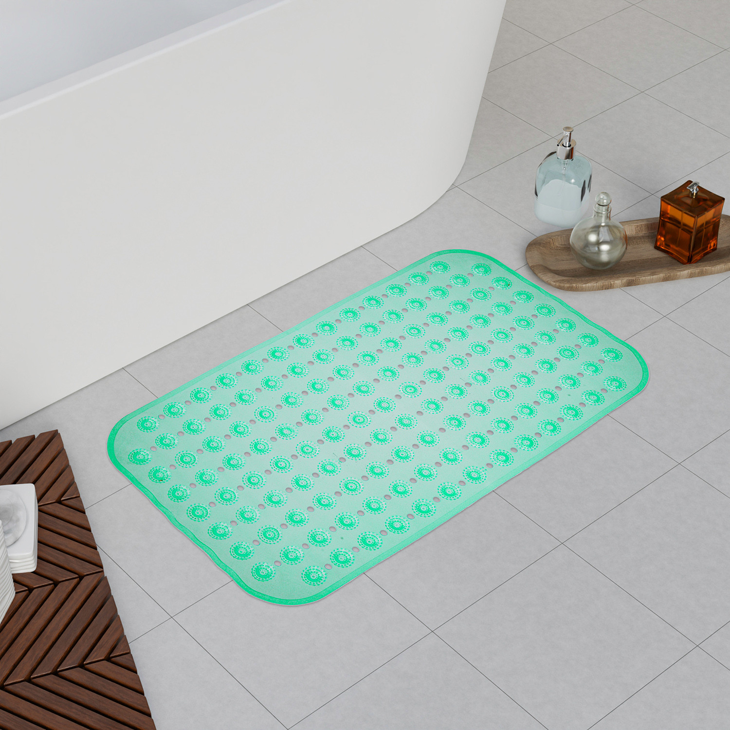 Kuber Industries Bath Mat | PVC Bathroom Mat | Shower Bath Mat | Transparent Round Floor Tub Mat | Foot Massager Mat | Anti-Skid Shower Mat with Drain Holes | Green