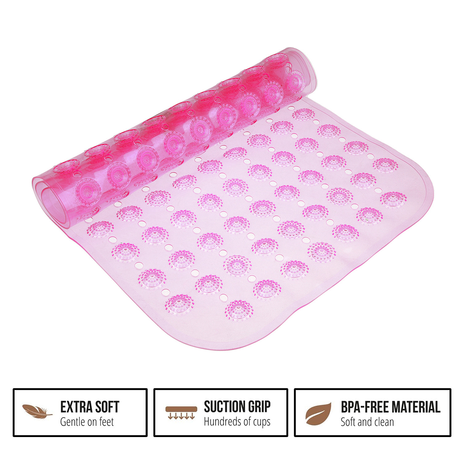 Kuber Industries Bath Mat | PVC Bathroom Mat | Shower Bath Mat | Transparent Round Floor Tub Mat | Foot Massager Mat | Anti-Skid Shower Mat with Drain Holes | Pink