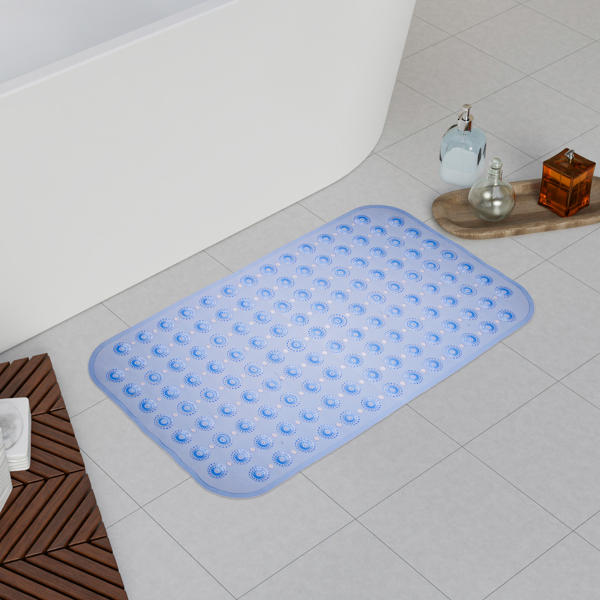 Kuber Industries Bath Mat | PVC Bathroom Mat | Shower Bath Mat | Transparent Round Floor Tub Mat | Foot Massager Mat | Anti-Skid Shower Mat with Drain Holes | Blue